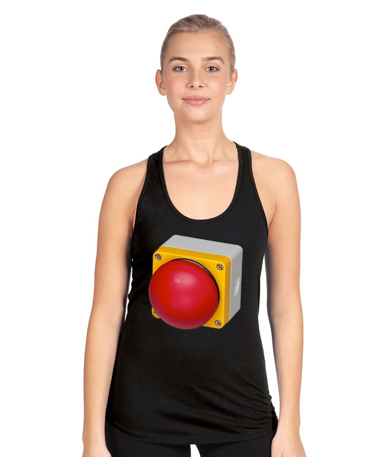 Emergency Stop Button Big Round Logo Symbol Emblem Customized Design on Women's Racerback Tank Top