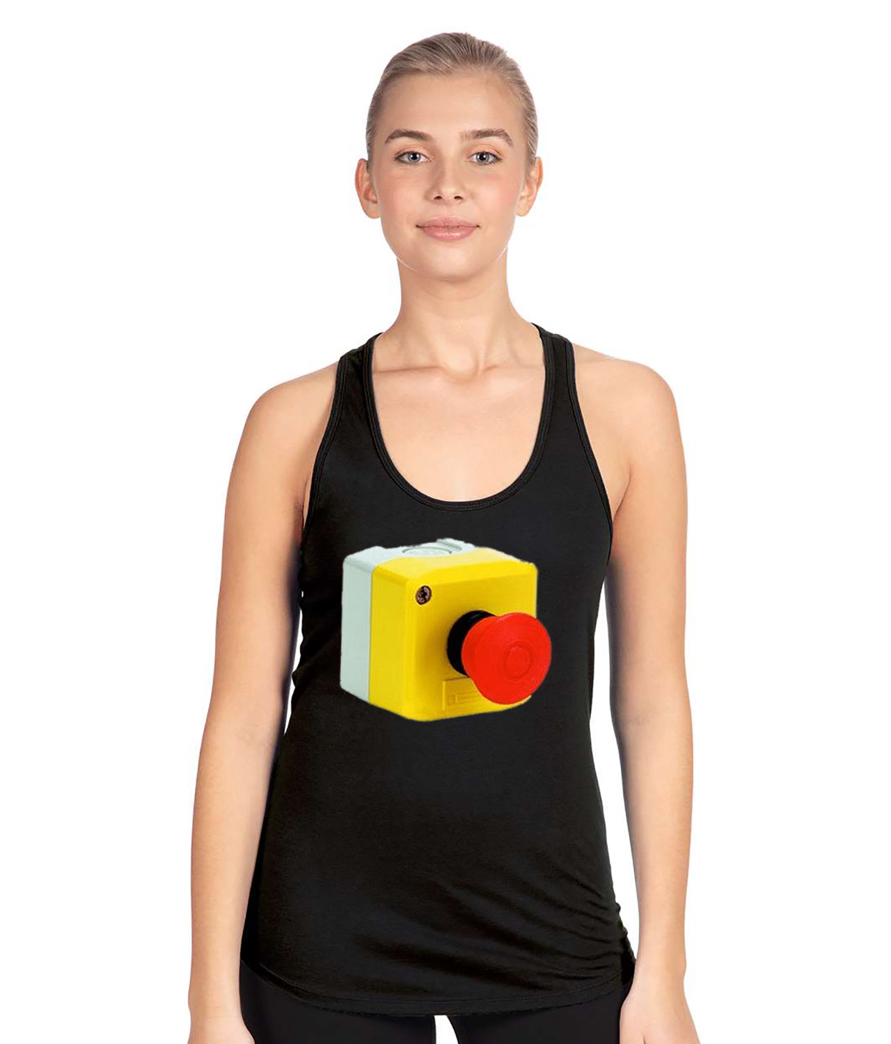 Emergency Stop Mushroom Button Logo Symbol Emblem Customized Design on Women's Racerback Tank Top