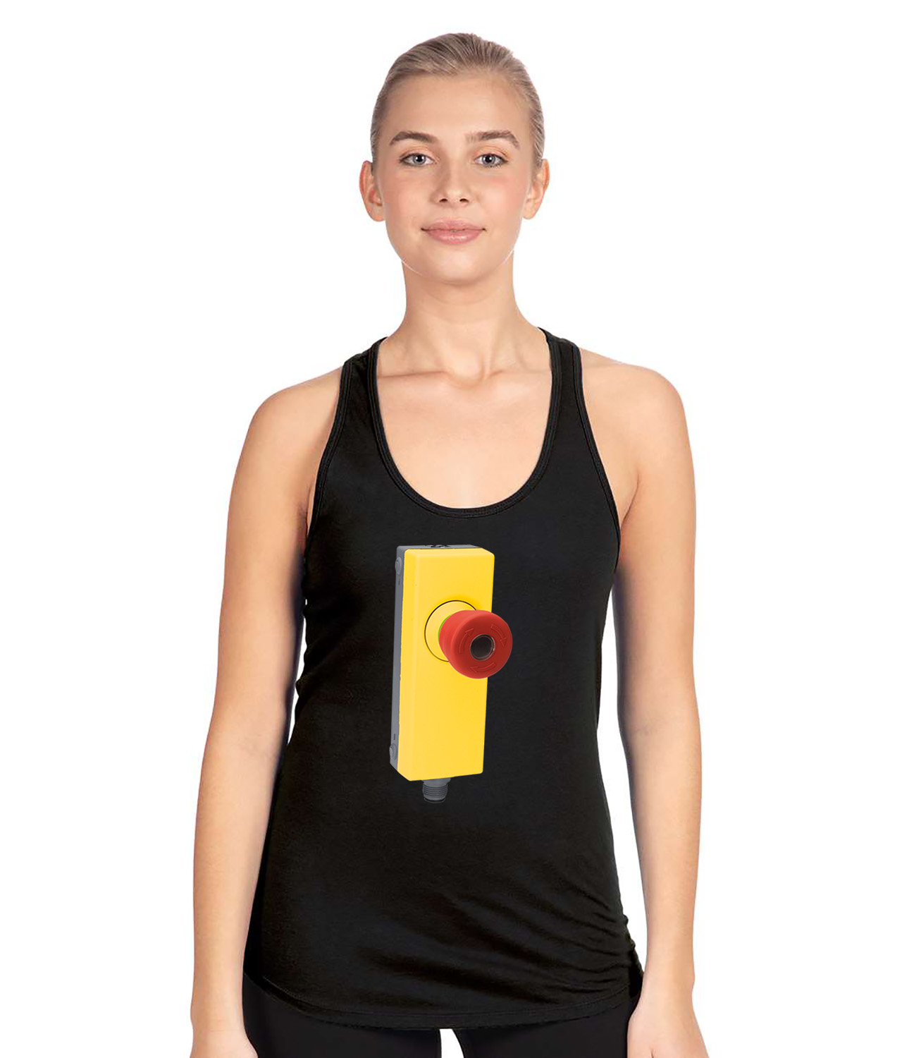 Industrial Emergency Stop Button Logo Symbol Emblem Customized Design on Women's Racerback Tank Top