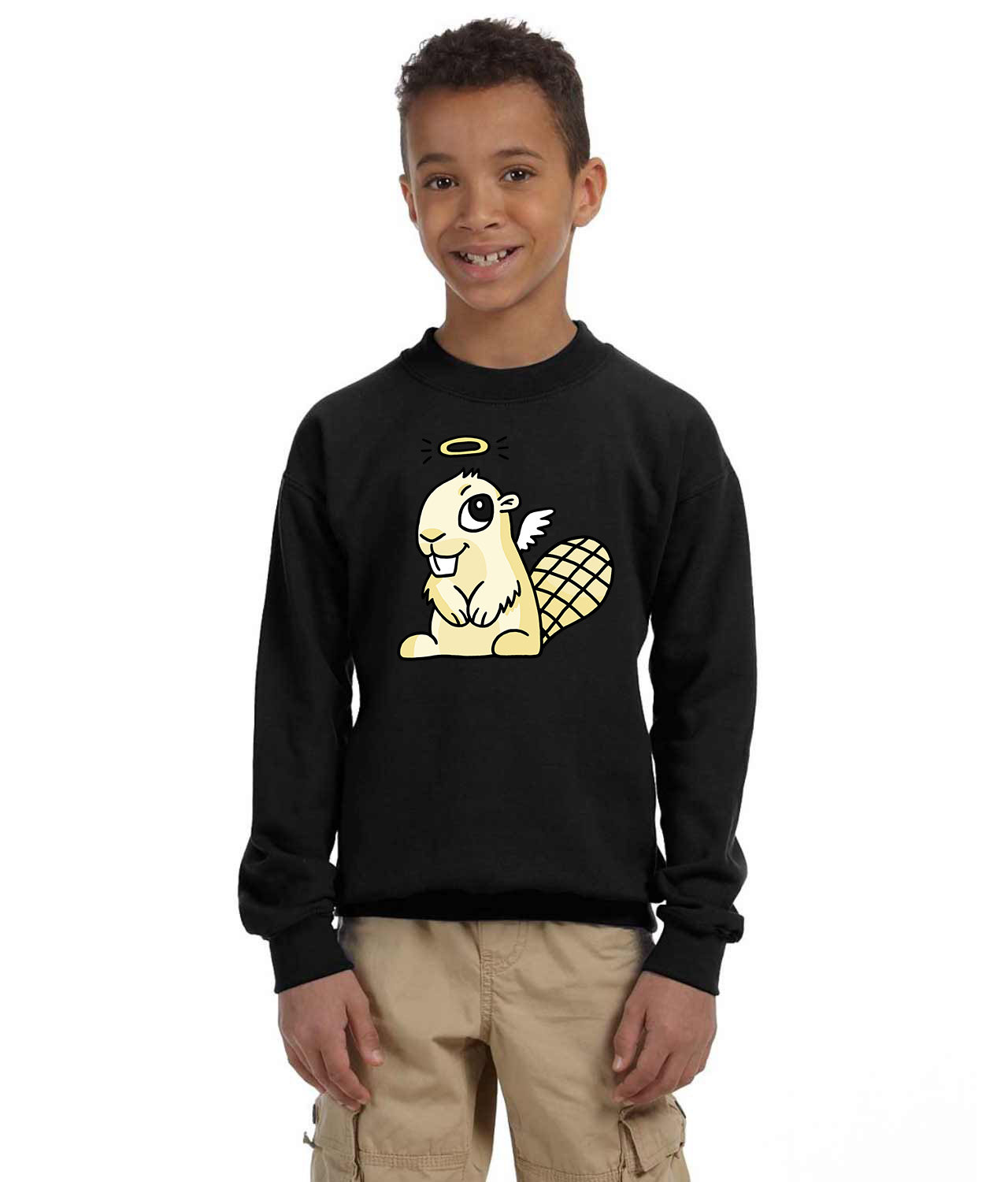 Adsy Beaver Mascot Angel Adsy Logo Symbol Emblem Customized Design on Youth Crewneck Sweatshirt