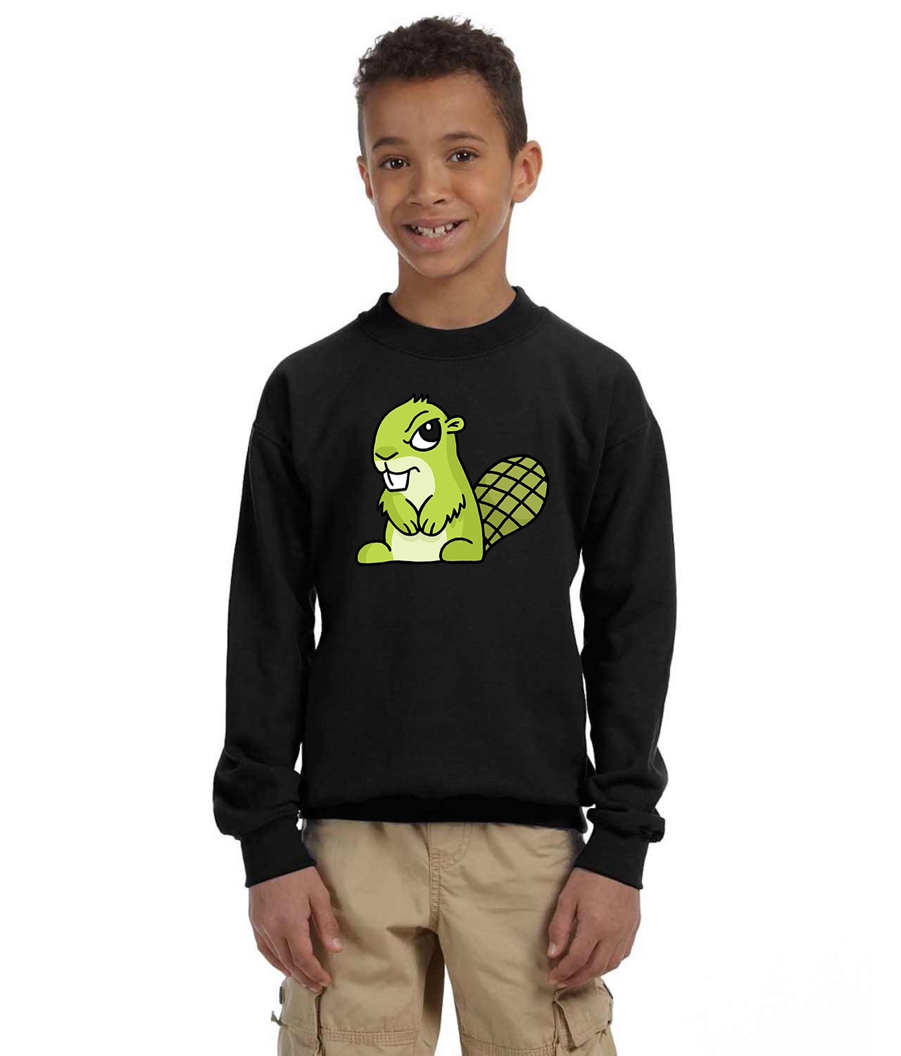 Adsy Beaver Mascot Angry Adsy Logo Symbol Emblem Customized Design on Youth Crewneck Sweatshirt