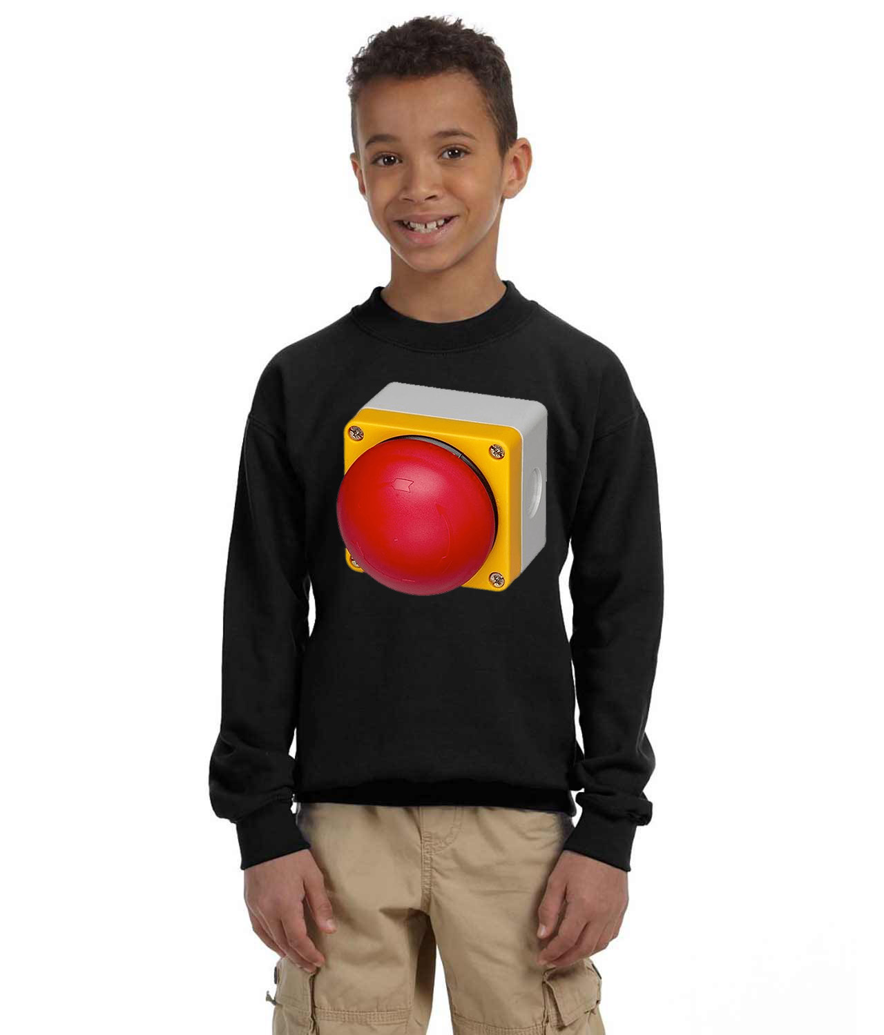 Emergency Stop Button Big Round Logo Symbol Emblem Customized Design on Youth Crewneck Sweatshirt