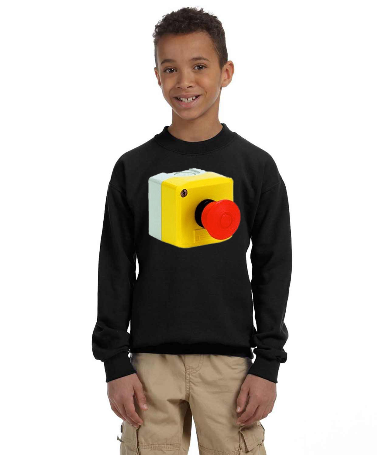 Emergency Stop Mushroom Button Logo Symbol Emblem Customized Design on Youth Crewneck Sweatshirt