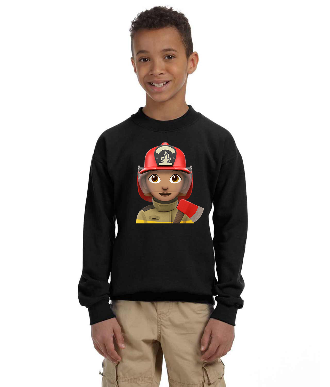 Apple Fireman Emoji Logo Symbol Emblem Customized Design on Youth Crewneck Sweatshirt