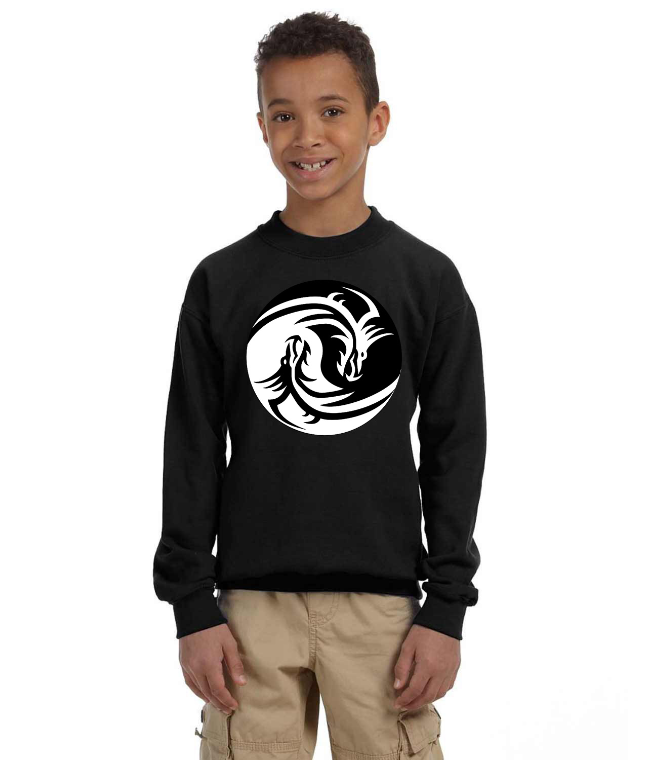 Yin Yang With Dragon Heads Logo Symbol Emblem Customized Design on Youth Crewneck Sweatshirt