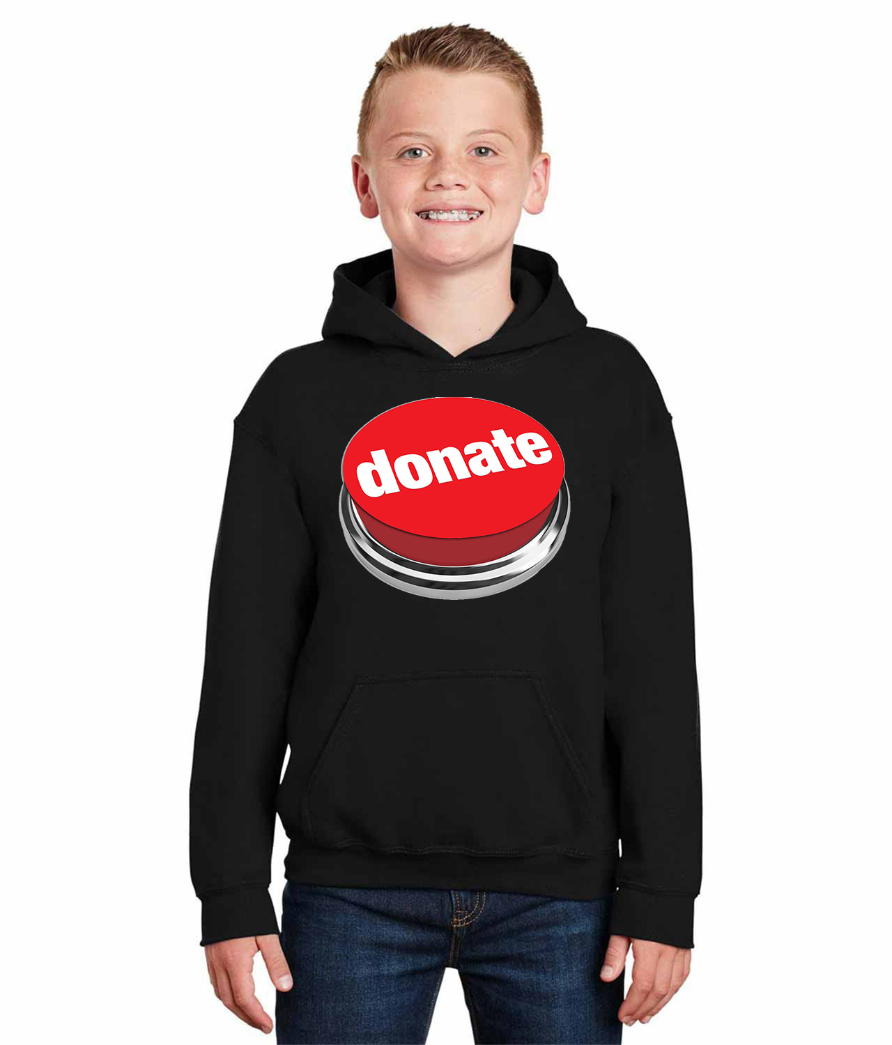 Donate Push Button Logo Symbol Emblem Customized Design on Youth Hoodie