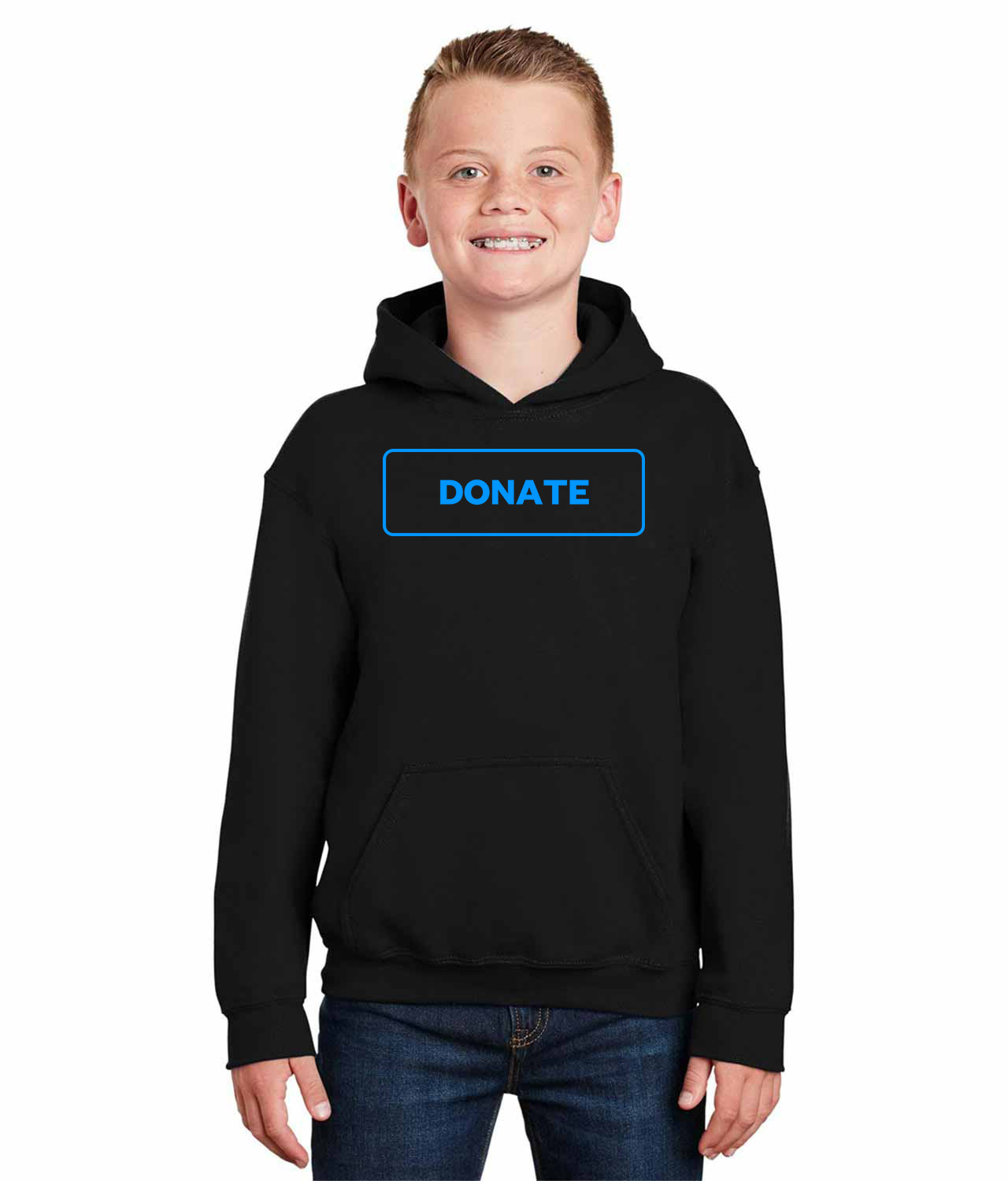 Simple Blue Outline Donate Button Logo Symbol Emblem Customized Design on Youth Hoodie