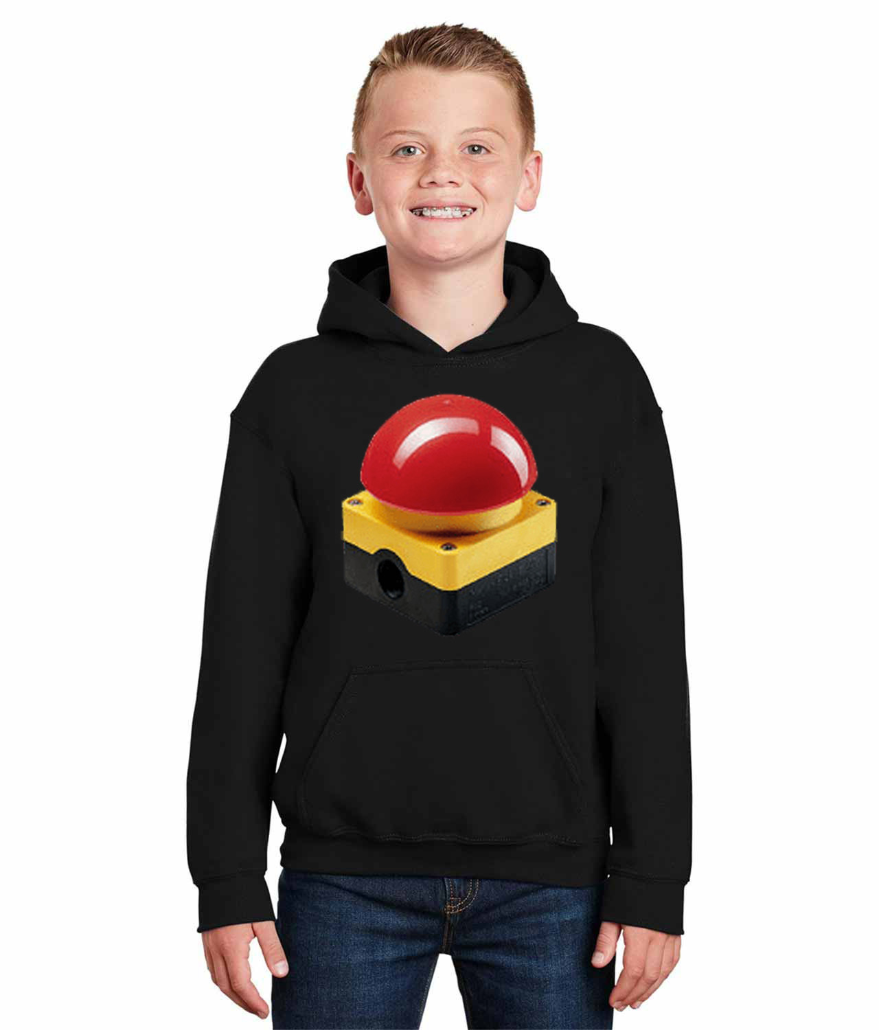Emergency Stop Button Logo Symbol Emblem Customized Design on Youth Hoodie
