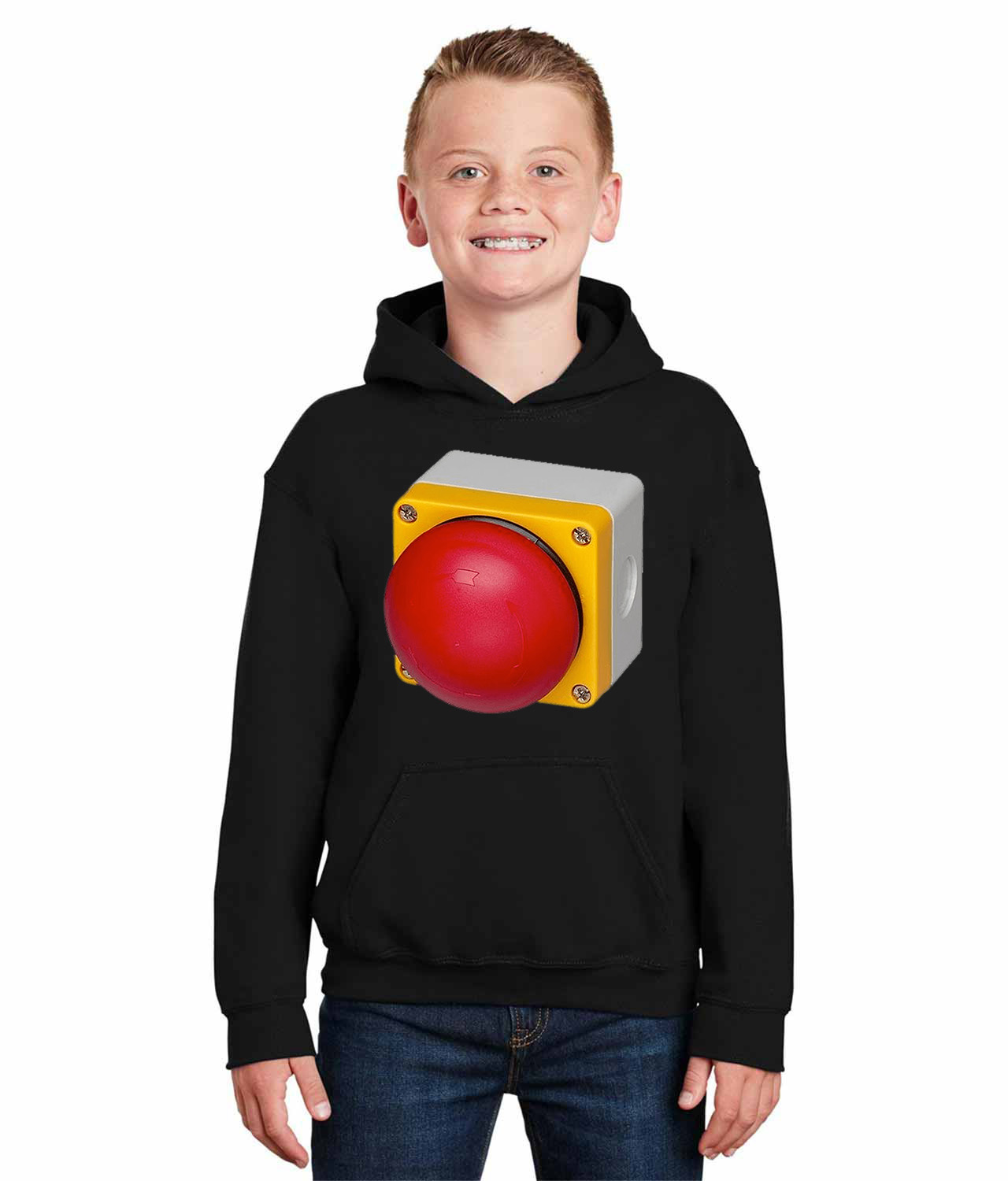 Emergency Stop Button Big Round Logo Symbol Emblem Customized Design on Youth Hoodie
