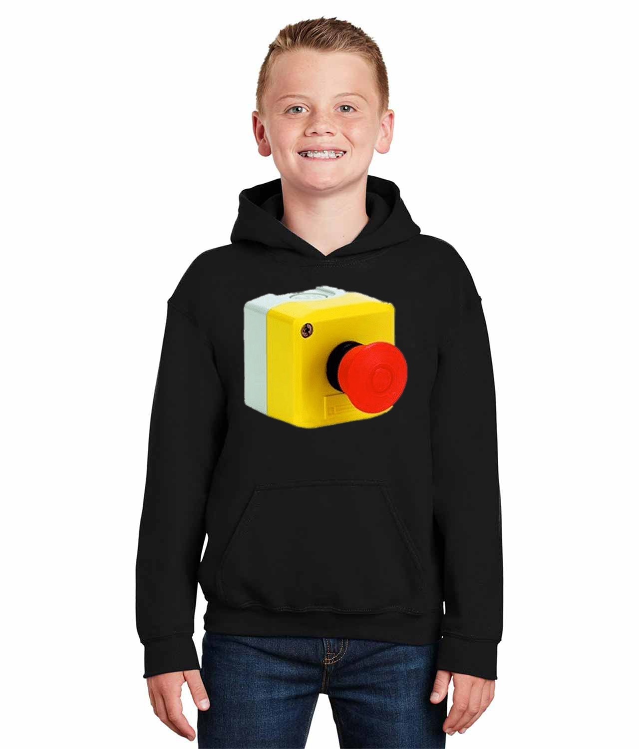 Emergency Stop Mushroom Button Logo Symbol Emblem Customized Design on Youth Hoodie
