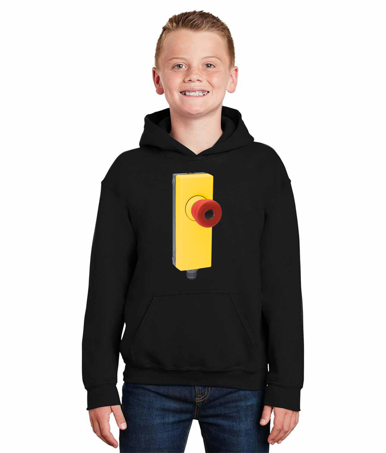 Industrial Emergency Stop Button Logo Symbol Emblem Customized Design on Youth Hoodie