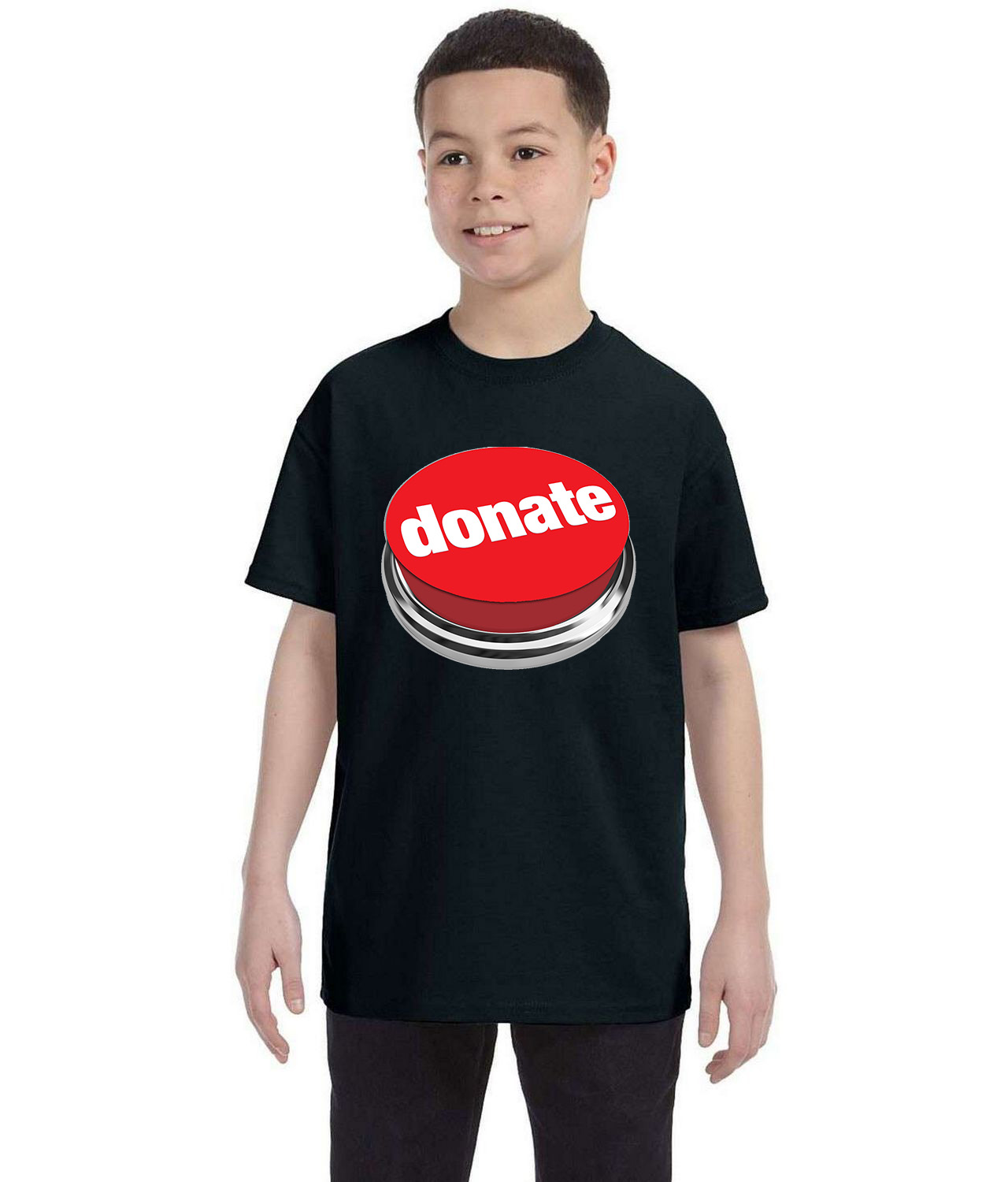 Donate Push Button Logo Symbol Emblem Customized Design on Youth T-Shirt Tee