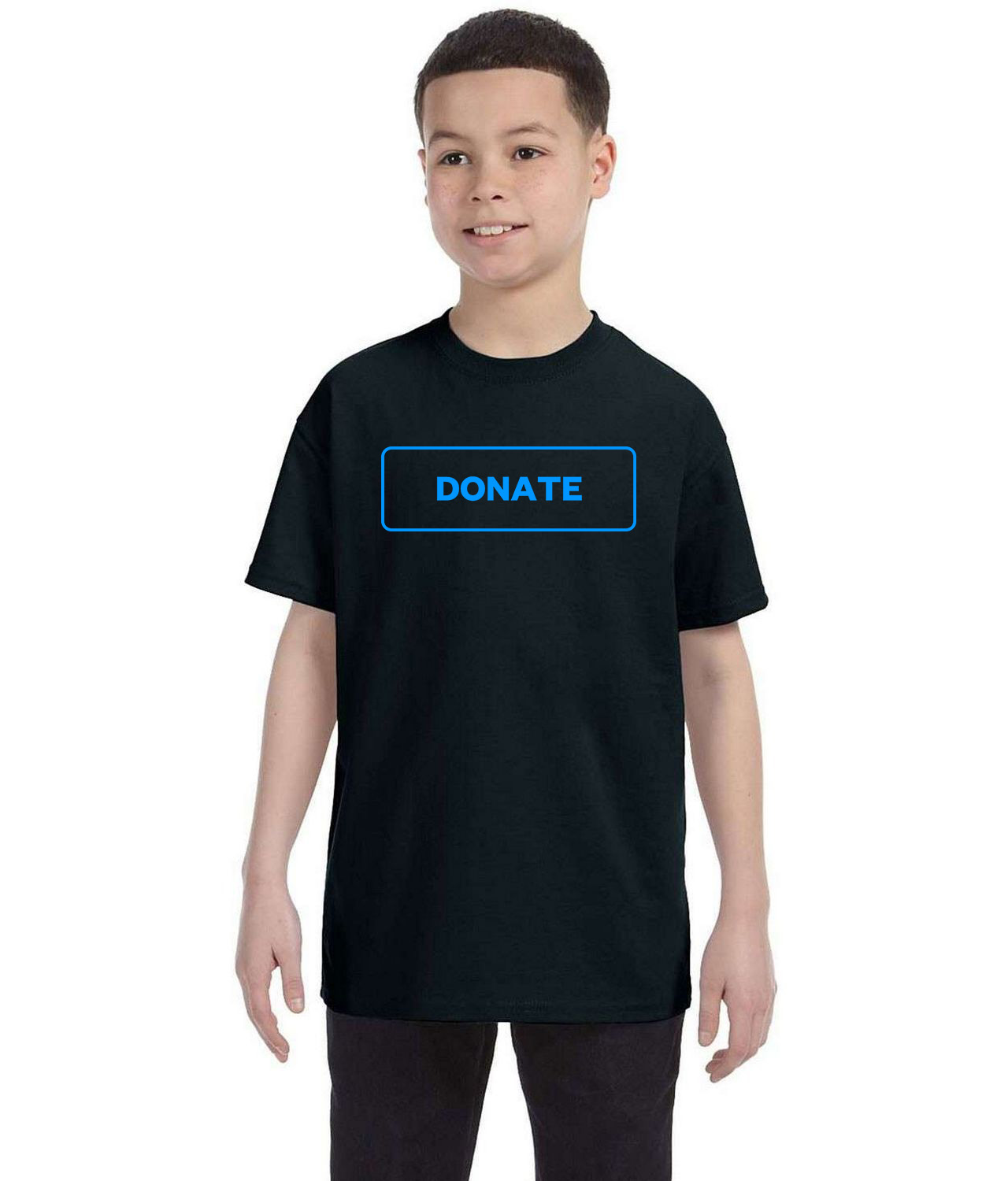 Simple Blue Outline Donate Button Logo Symbol Emblem Customized Design on Youth T-Shirt Tee