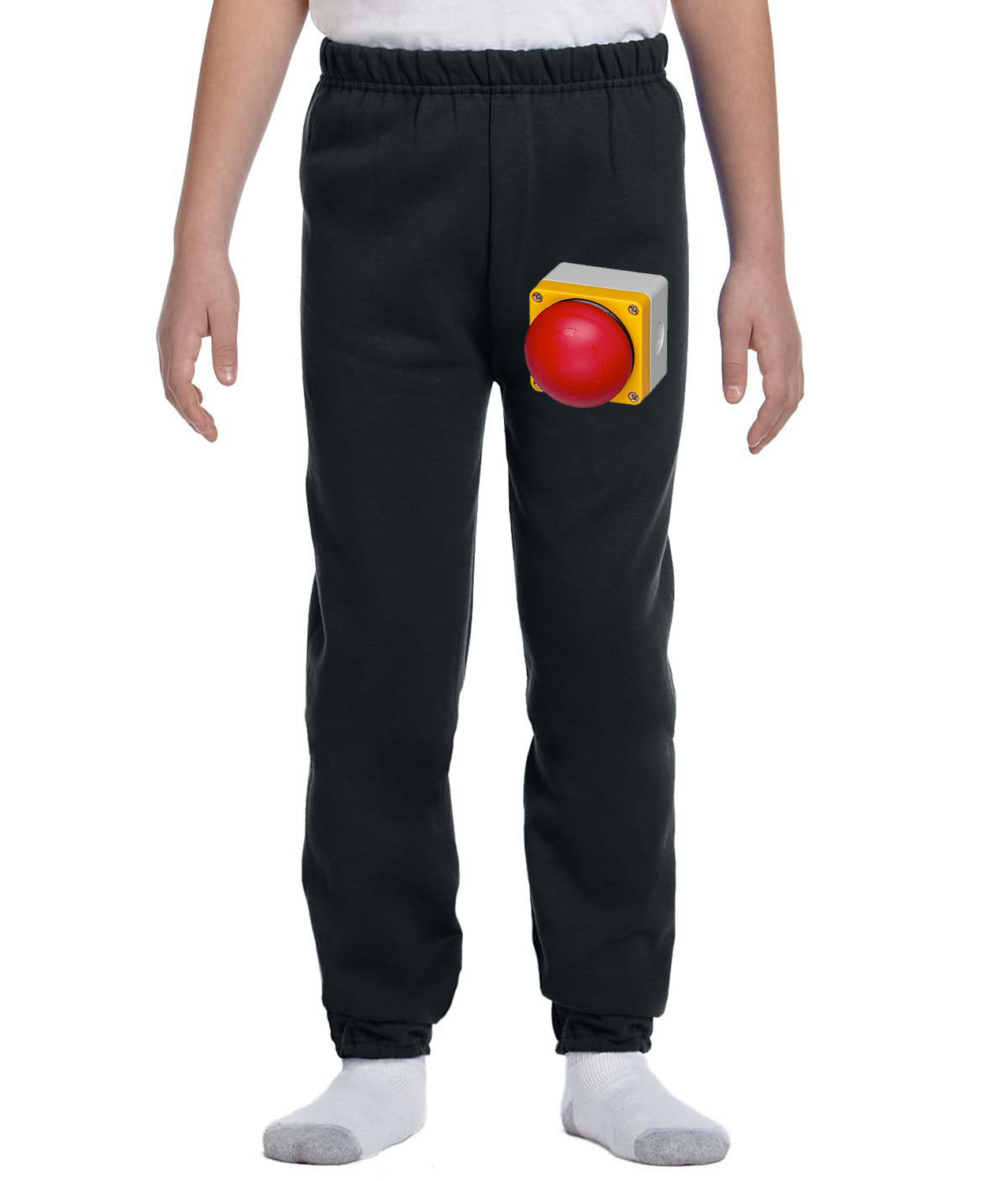 Emergency Stop Button Big Round Logo Symbol Emblem Customized Design on Youth Closed-Bottom Sweatpants