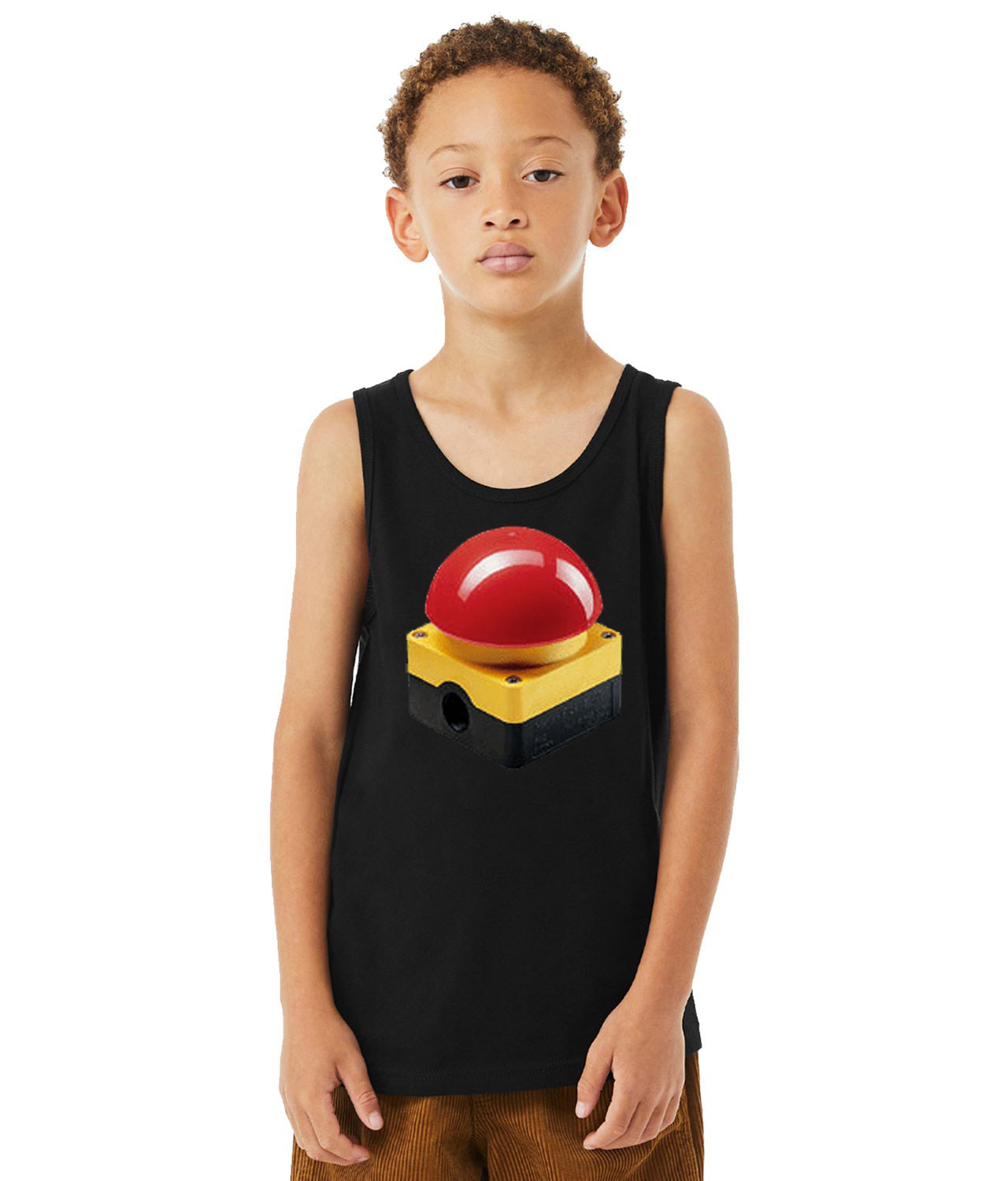 Emergency Stop Button Logo Symbol Emblem Customized Design on Youth Tank Top