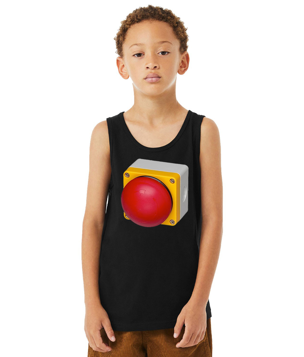 Emergency Stop Button Big Round Logo Symbol Emblem Customized Design on Youth Tank Top