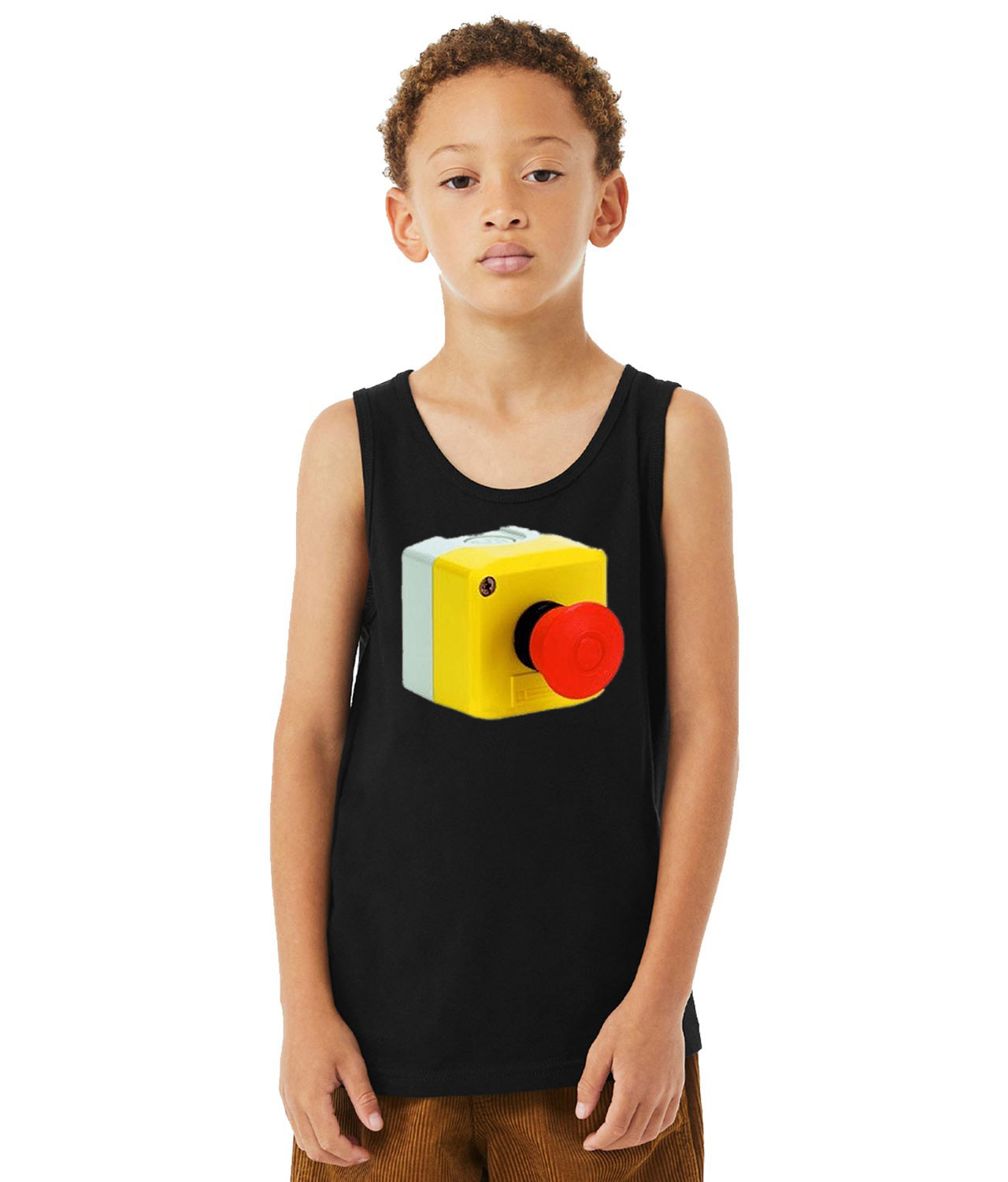 Emergency Stop Mushroom Button Logo Symbol Emblem Customized Design on Youth Tank Top