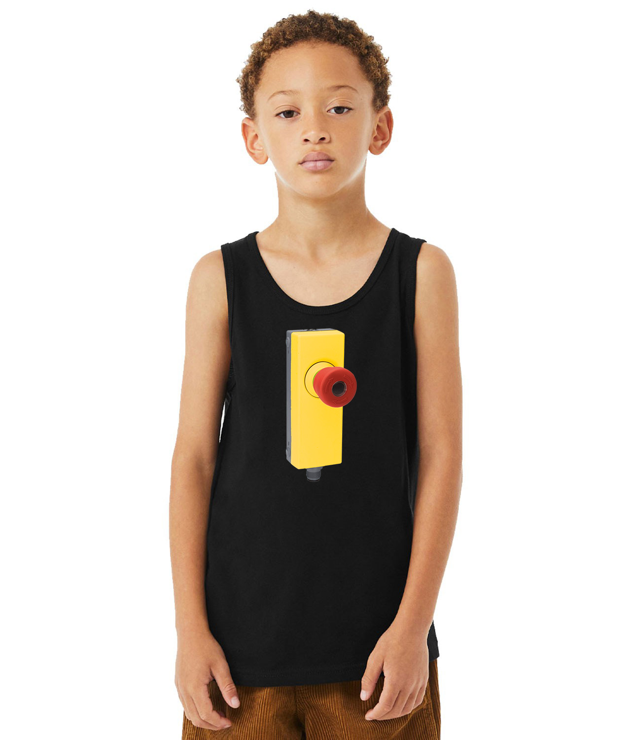 Industrial Emergency Stop Button Logo Symbol Emblem Customized Design on Youth Tank Top