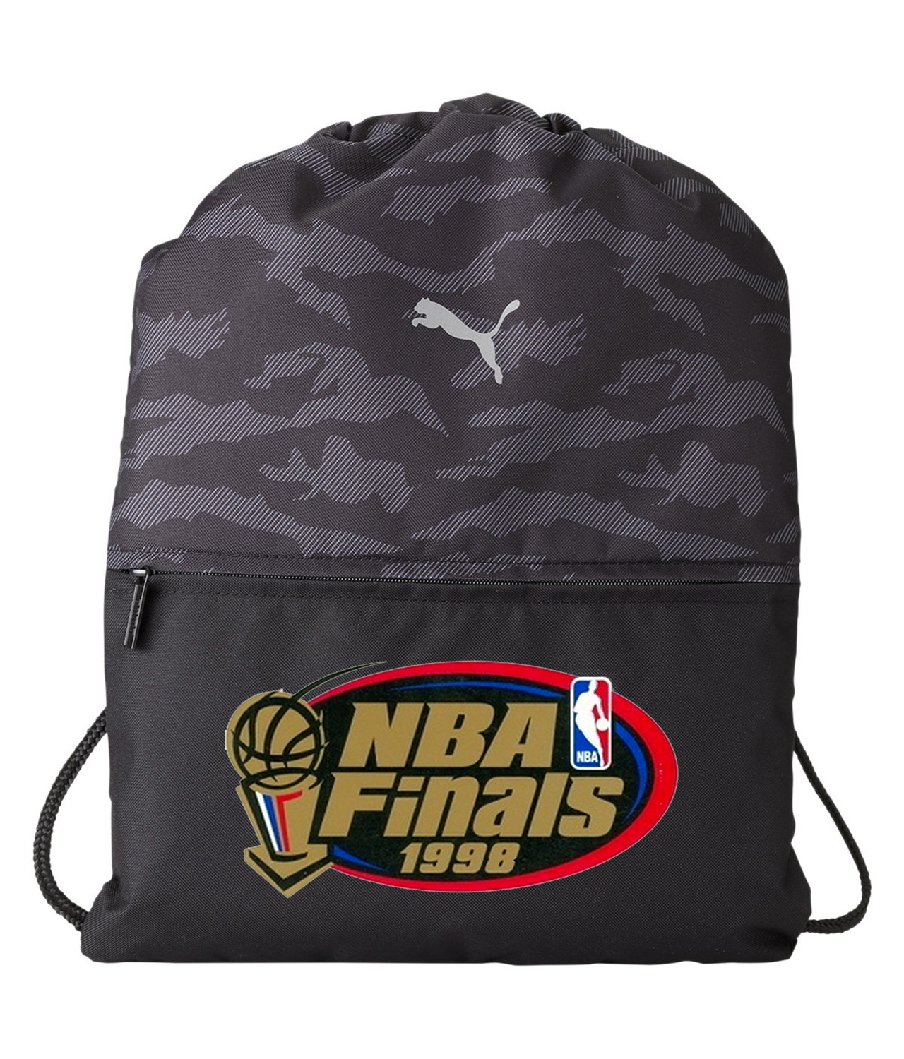 1998 NBA Finals Chicago Bulls vs Utah Jazz NBA Basketball Logo Symbol Emblem Customized Design on Camo Drawstring Backpack Bag