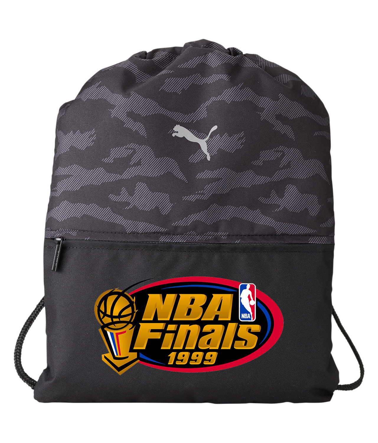 1999 NBA Finals New York Knicks vs San Antonio Spurs NBA Basketball Logo Symbol Emblem Customized Design on Camo Drawstring Backpack Bag - Image 1