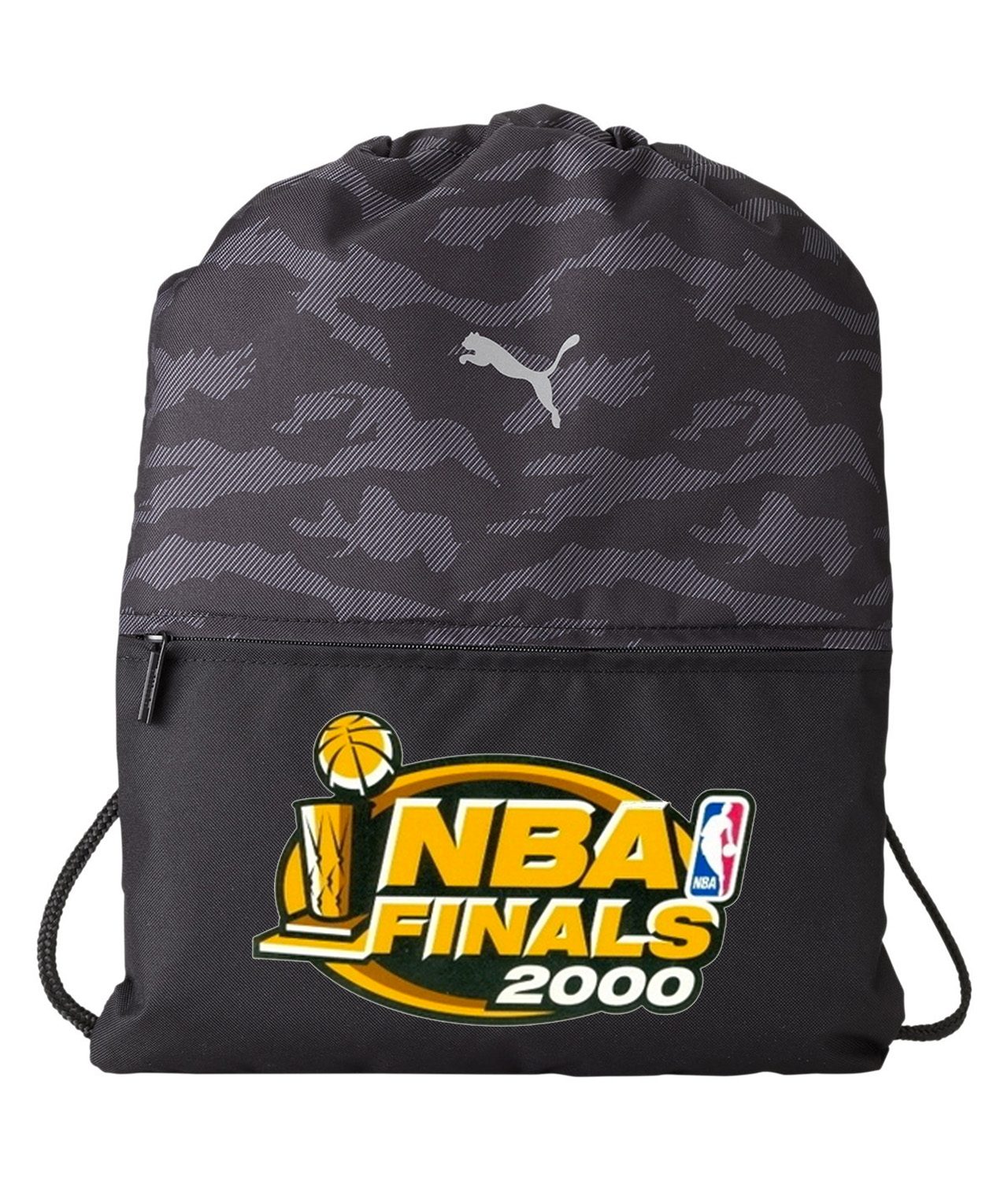2000 NBA Finals Los Angeles Lakers vs Indiana Pacers NBA Basketball Logo Symbol Emblem Customized Design on Camo Drawstring Backpack Bag