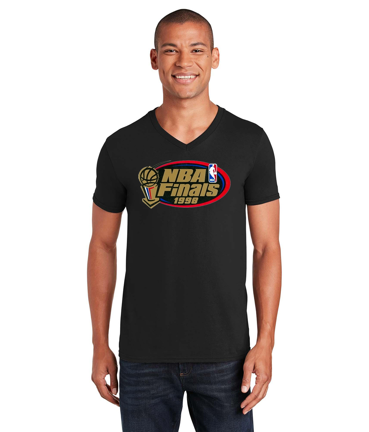1998 NBA Finals Chicago Bulls vs Utah Jazz NBA Basketball Logo Symbol Emblem Customized Design on Unisex V-Neck T-Shirt Tee