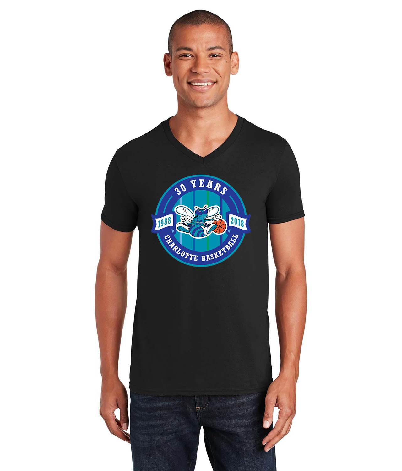 Charlotte Hornets 30th Anniversary NBA Basketball Logo Symbol Emblem Customized Design on Unisex V-Neck T-Shirt Tee
