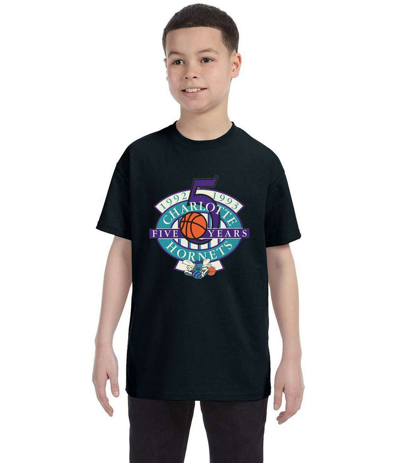 Charlotte Hornets 5th Anniversary NBA Basketball Logo Symbol Emblem Customized Design on Youth T-Shirt Tee