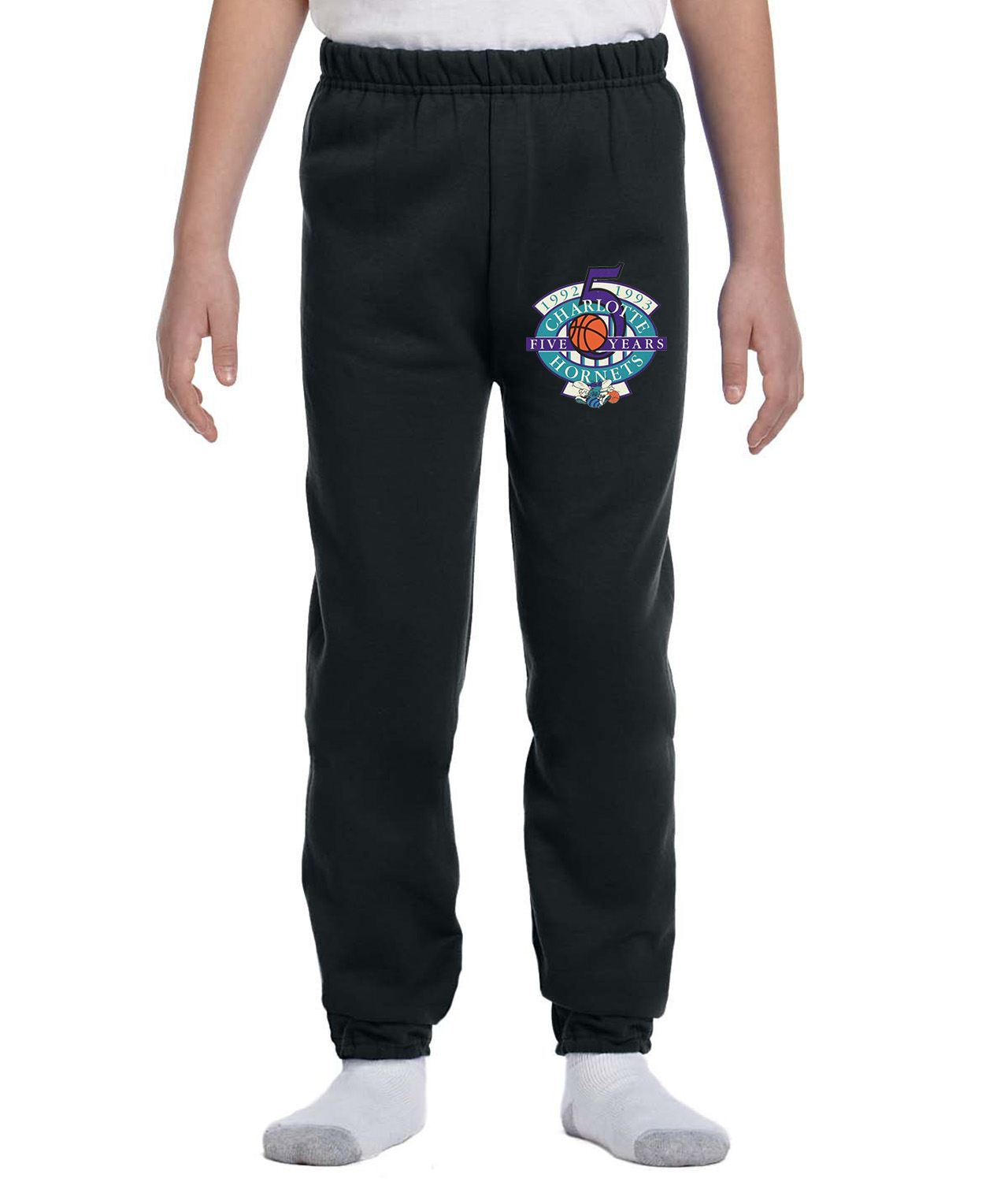 Charlotte Hornets 5th Anniversary NBA Basketball Logo Symbol Emblem Customized Design on Youth Closed-Bottom Sweatpants