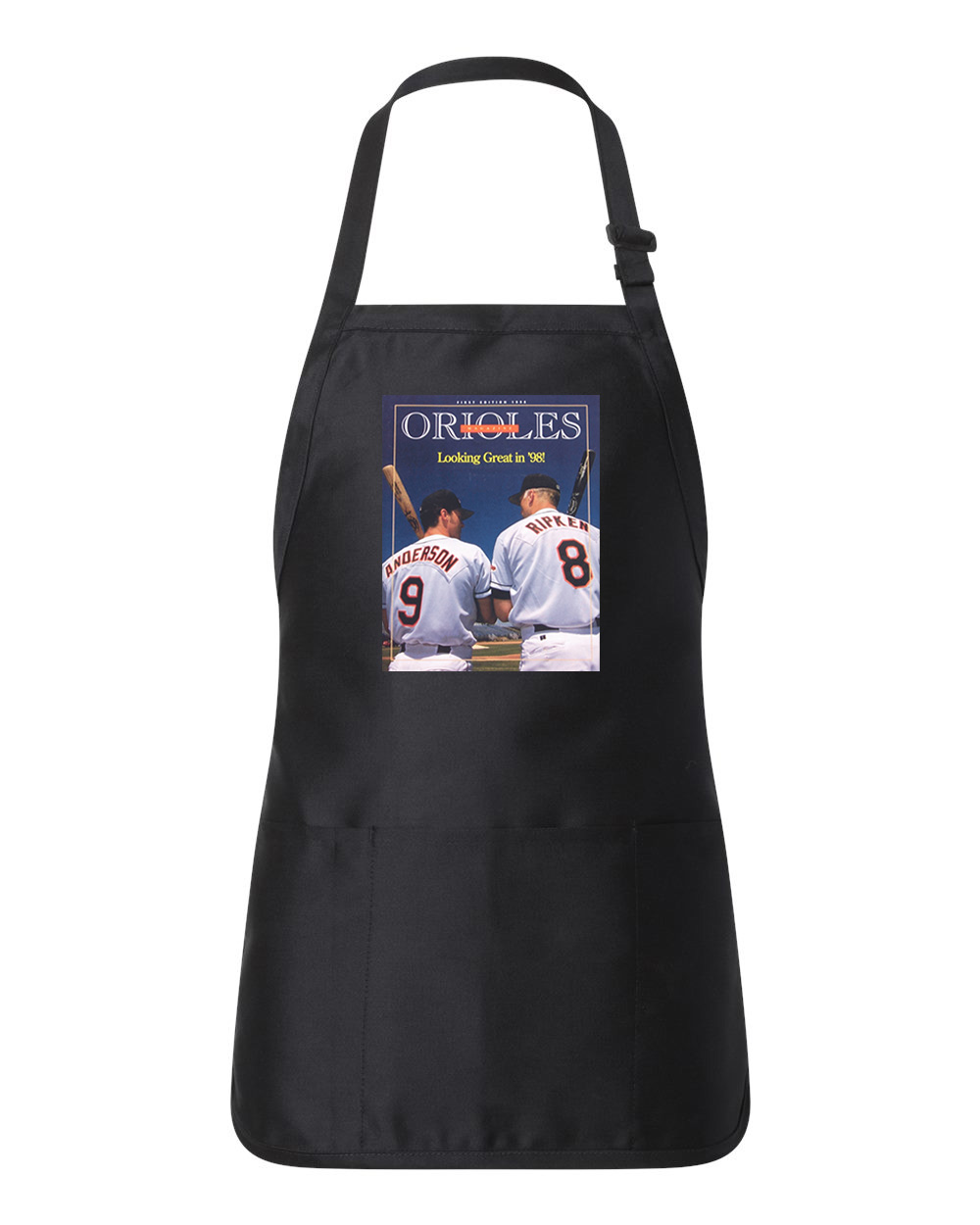 1998 Baltimore Orioles Game Program Baseball Logo Customized Design on Full-Length Apron with Pouch Pocket