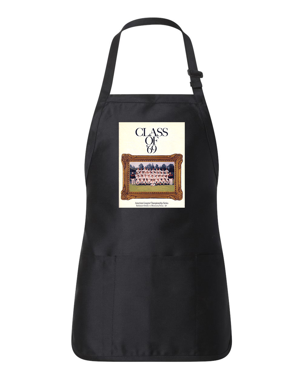 ALCS 1969 Program - Baltimore Orioles vs Minnesota Twins Baseball Logo Customized Design on Full-Length Apron with Pouch Pocket