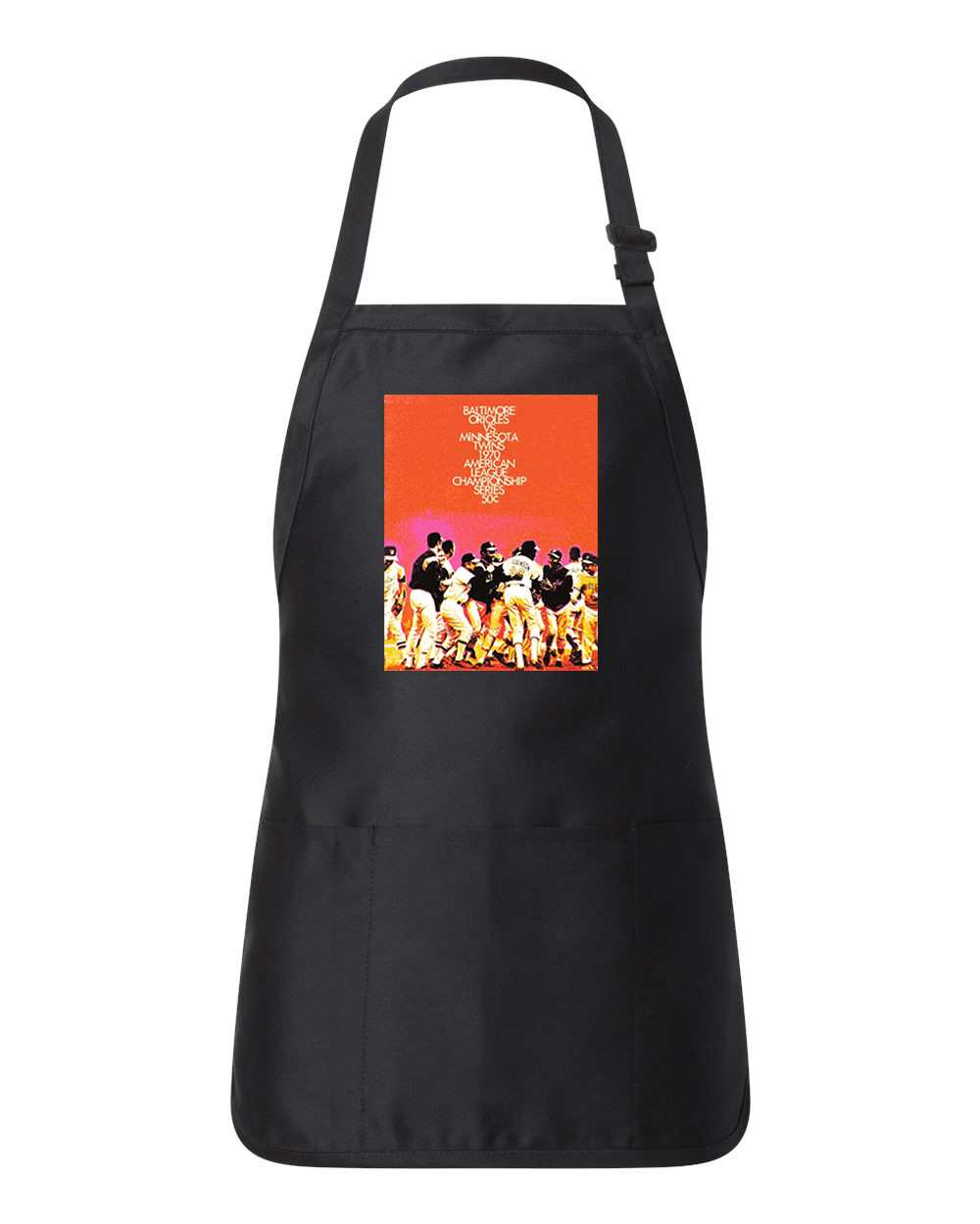 ALCS 1970 Program- Baltimore Orioles vs Minnesota Twins Baseball Logo Customized Design on Full-Length Apron with Pouch Pocket