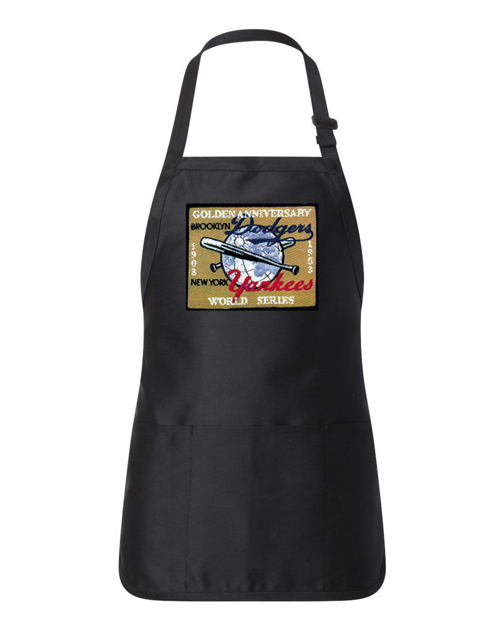 New York Yankees 4 Brooklyn Dodgers 2 - MLB World Series 50th Anniversary Baseball Logo Customized Design on Full-Length Apron with Pouch Pocket