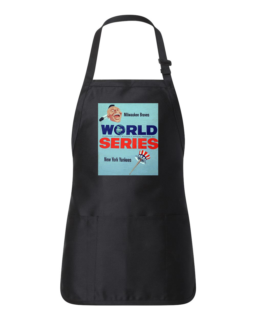 MLB World Series Program 1958 New York Yankees vs. Milwaukee Braves Baseball Logo Customized Design on Full-Length Apron with Pouch Pocket