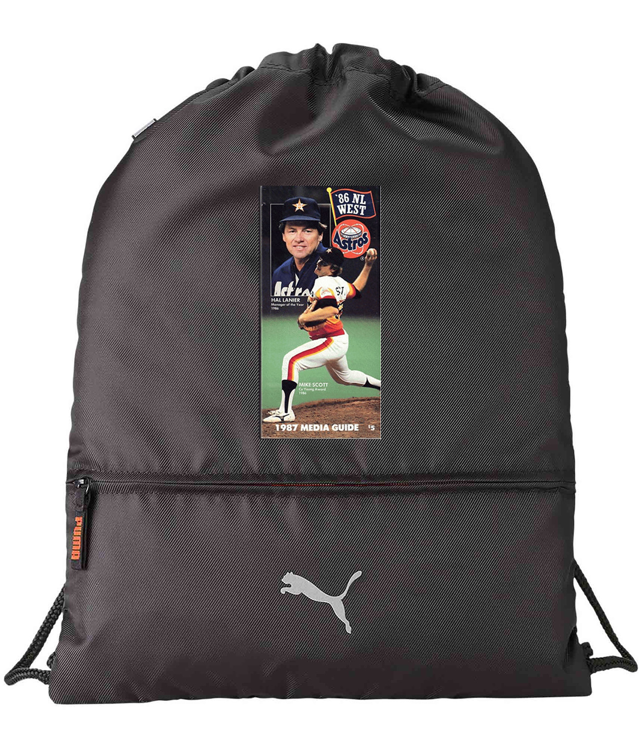 1987 Houston Astros Media Guide, Mike Scott and Hal Lanier National League (NL) Baseball Logo Custom Design on Lightweight Drawstring Backpack Bag