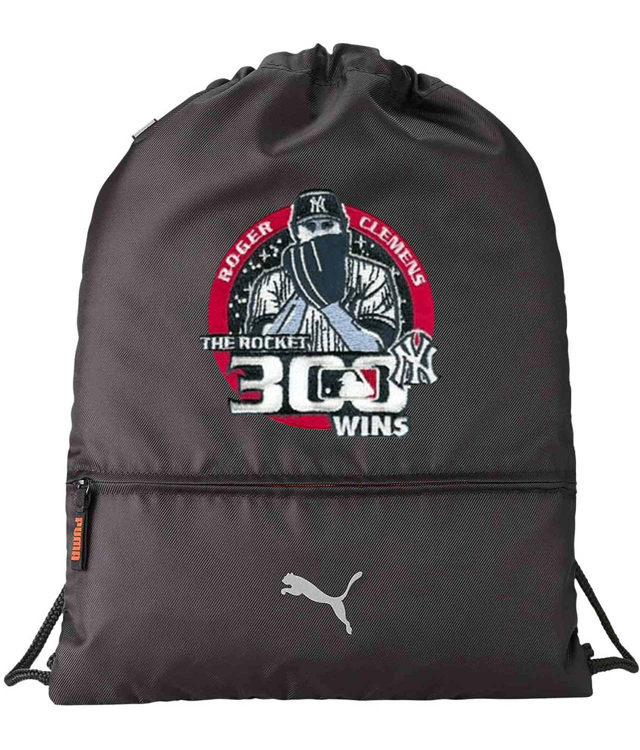 New York Yankees Roger Clemens 300th Career Win Baseball Logo Symbol Emblem Customized Design on Lightweight Drawstring Backpack Bag