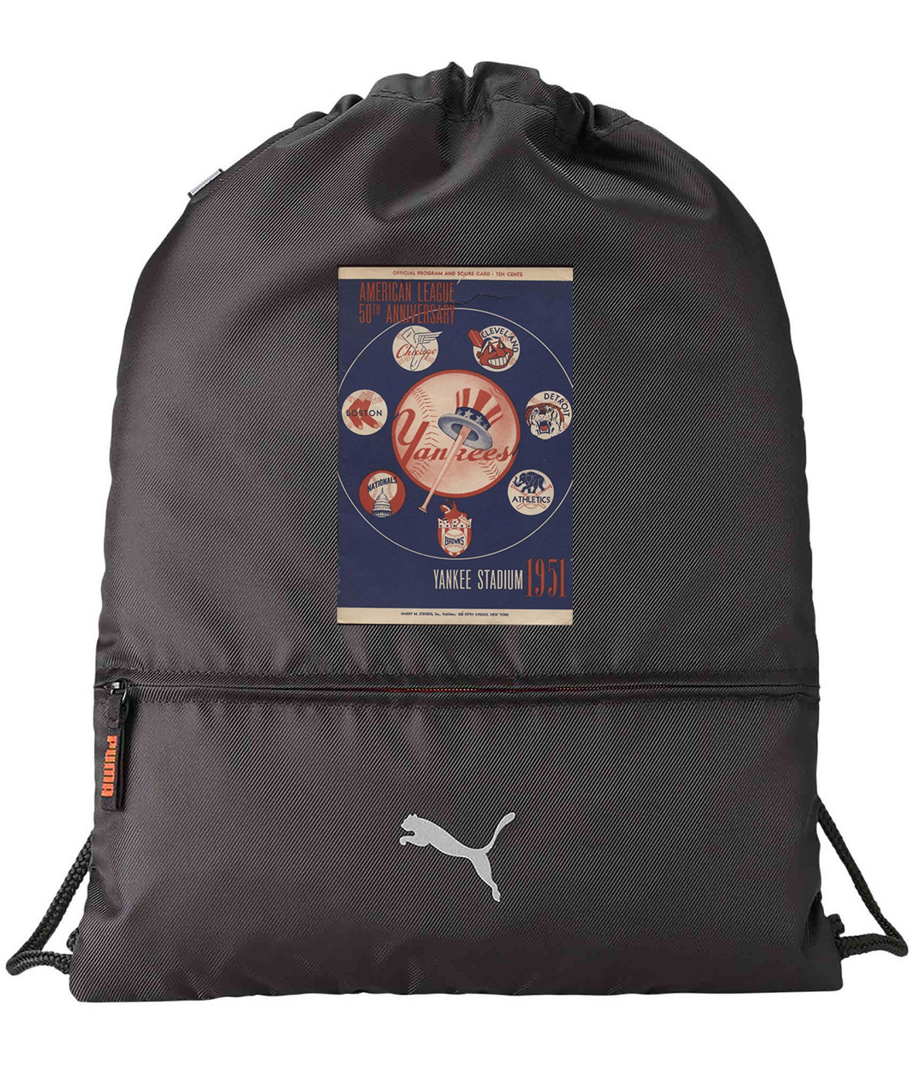 1951 New York Yankees Yankee Stadium Program Baseball Logo Symbol Emblem Customized Design on Lightweight Drawstring Backpack Bag
