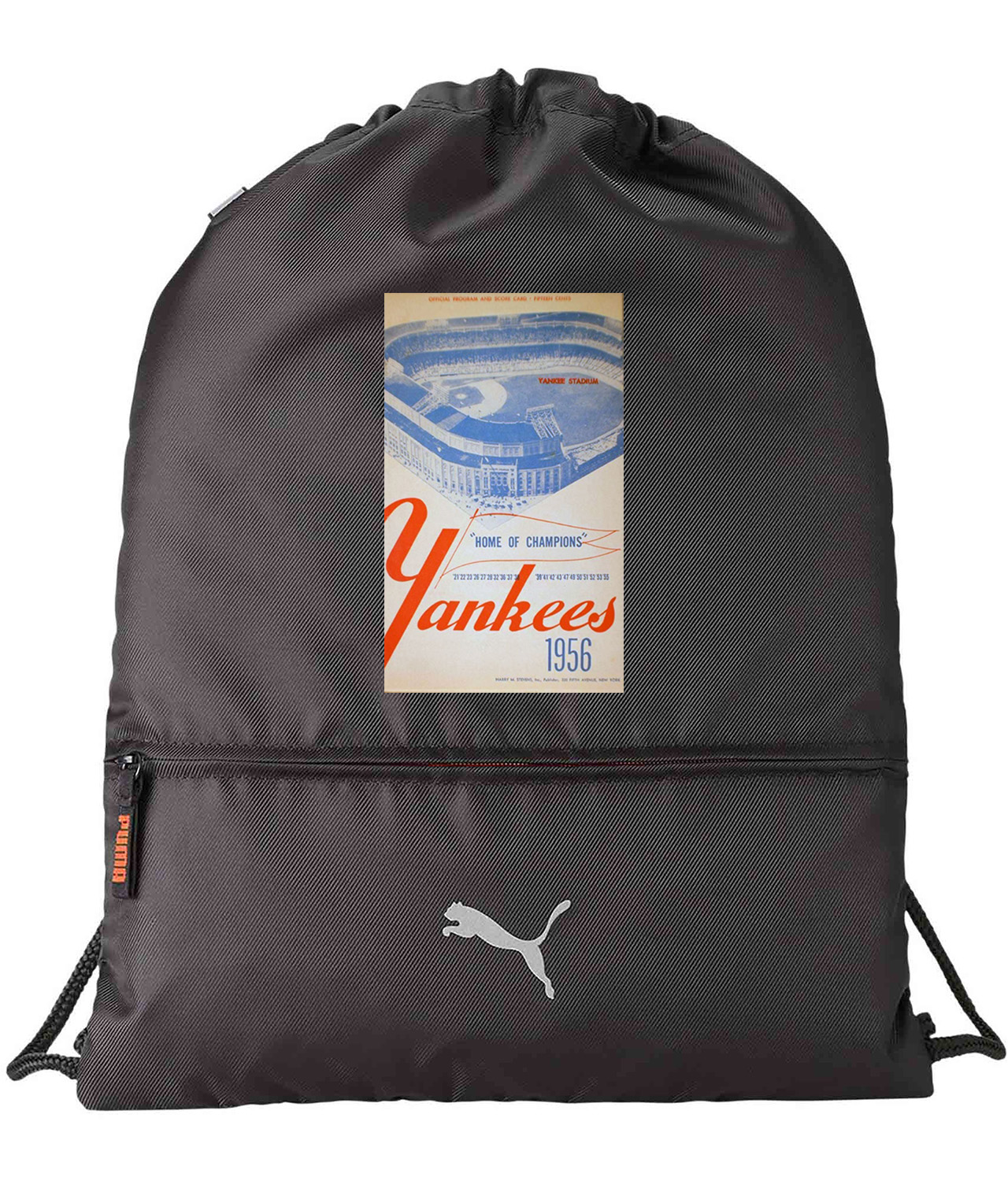 1956 New York Yankees Yankee Stadium Program Baseball Logo Symbol Emblem Customized Design on Lightweight Drawstring Backpack Bag