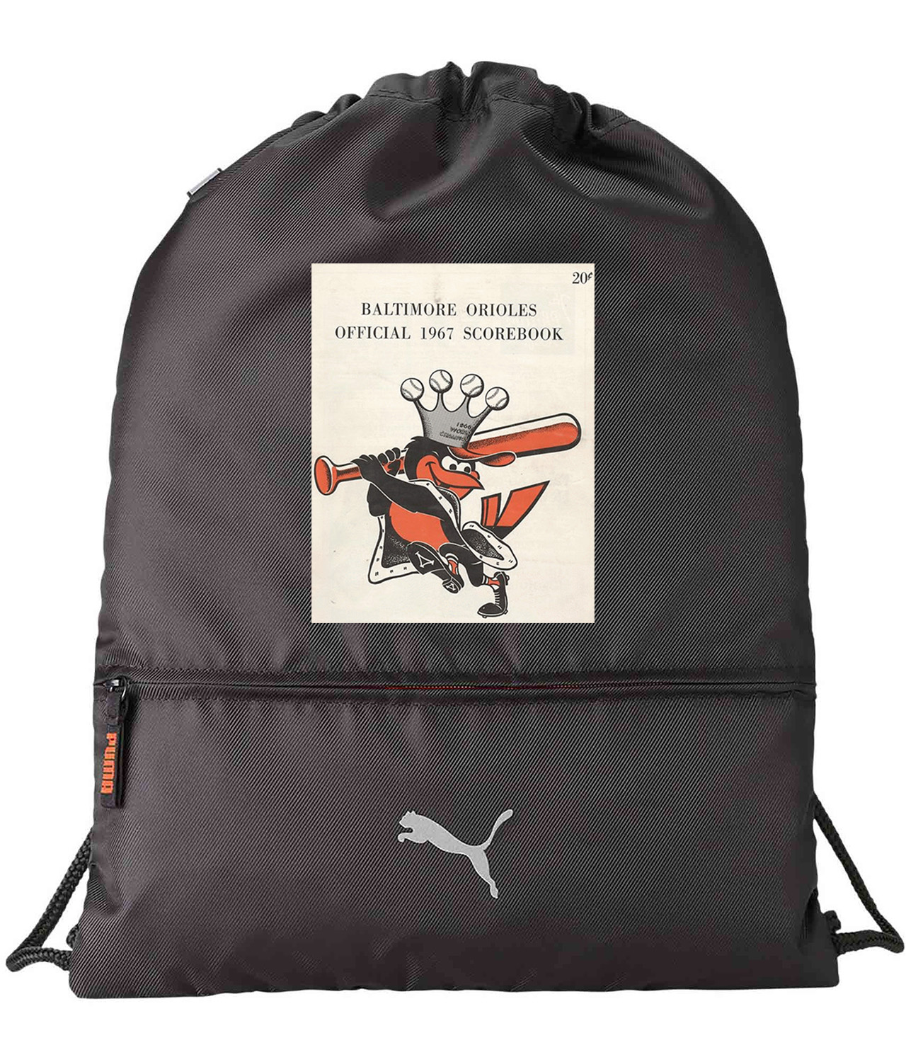 Baltimore Orioles Official 1967 Scorebook Baseball Logo Symbol Emblem Customized Design on Lightweight Drawstring Backpack Bag