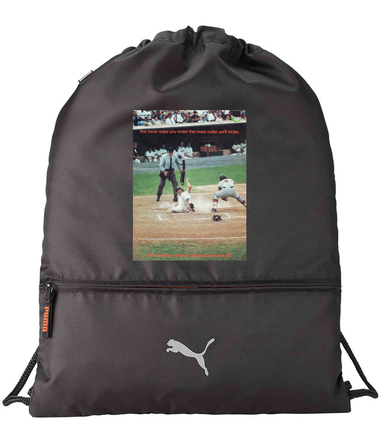 Baltimore Orioles Official 1970 Scorebook Baseball Logo Symbol Emblem Customized Design on Lightweight Drawstring Backpack Bag