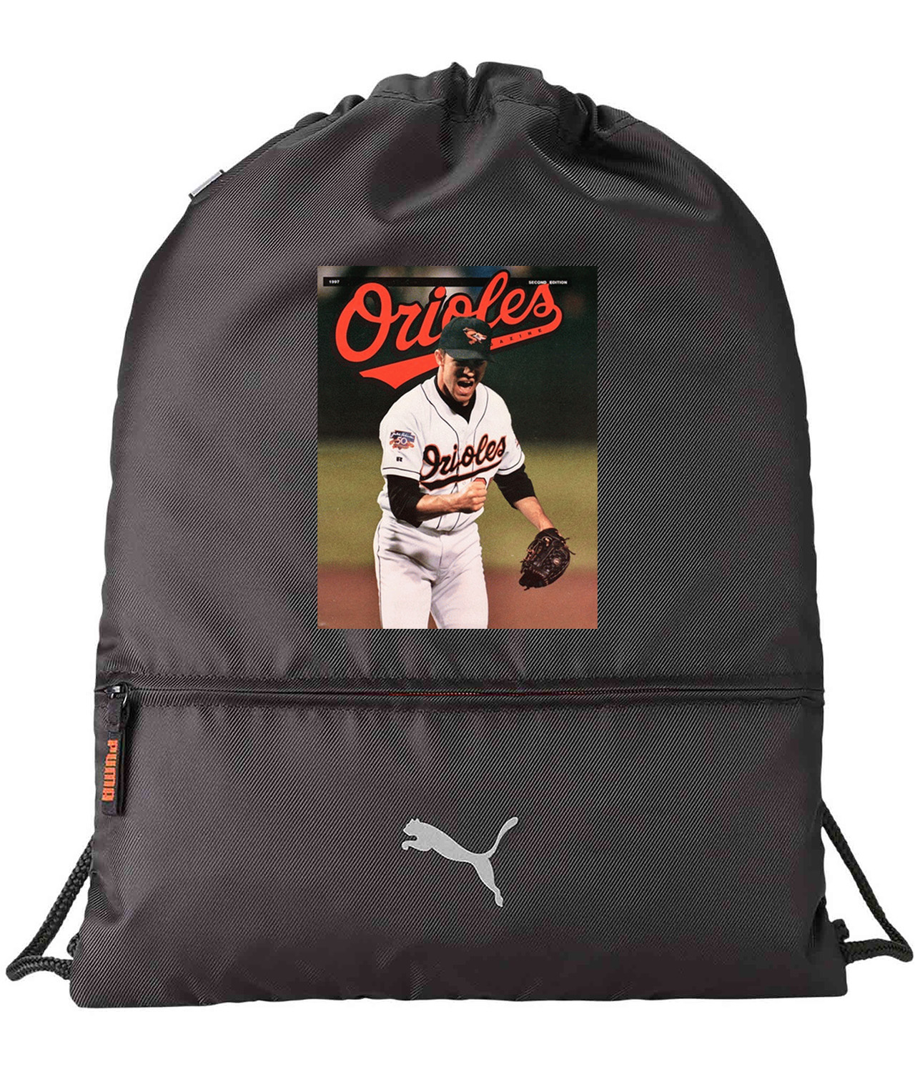1997 Baltimore Orioles Game Program Baseball Logo Symbol Emblem Customized Design on Lightweight Drawstring Backpack Bag