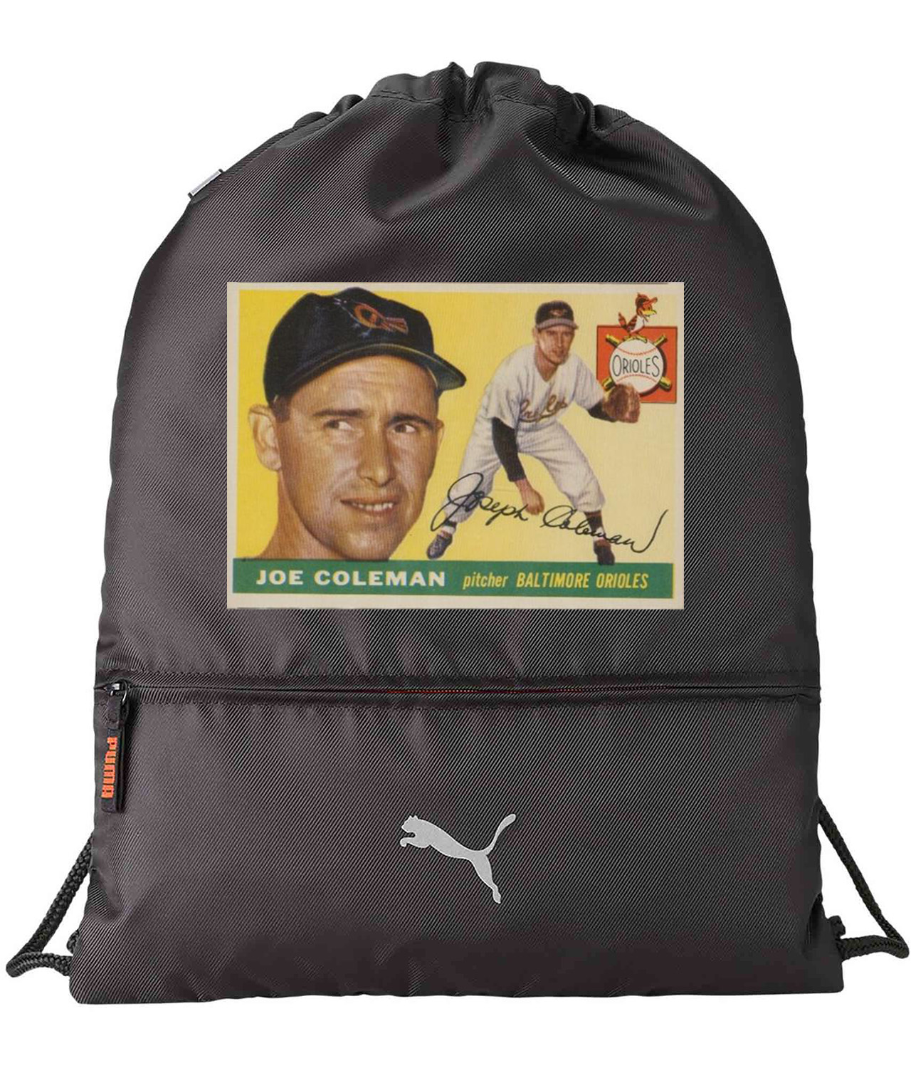 1955 Baltimore Orioles Photo Joe Coleman Pitcher Baseball Logo Symbol Emblem Customized Design on Lightweight Drawstring Backpack Bag