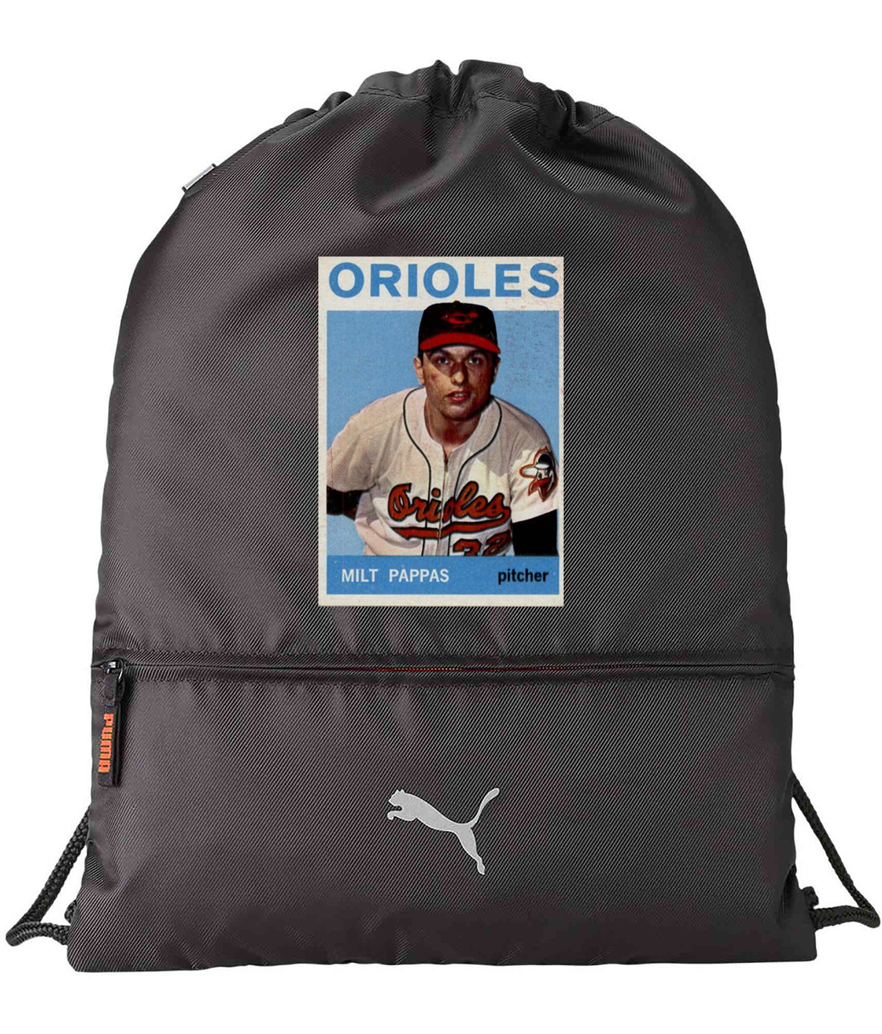 1964 Baltimore Orioles Milt Pappas Pitcher Photo Baseball Logo Symbol Emblem Customized Design on Lightweight Drawstring Backpack Bag