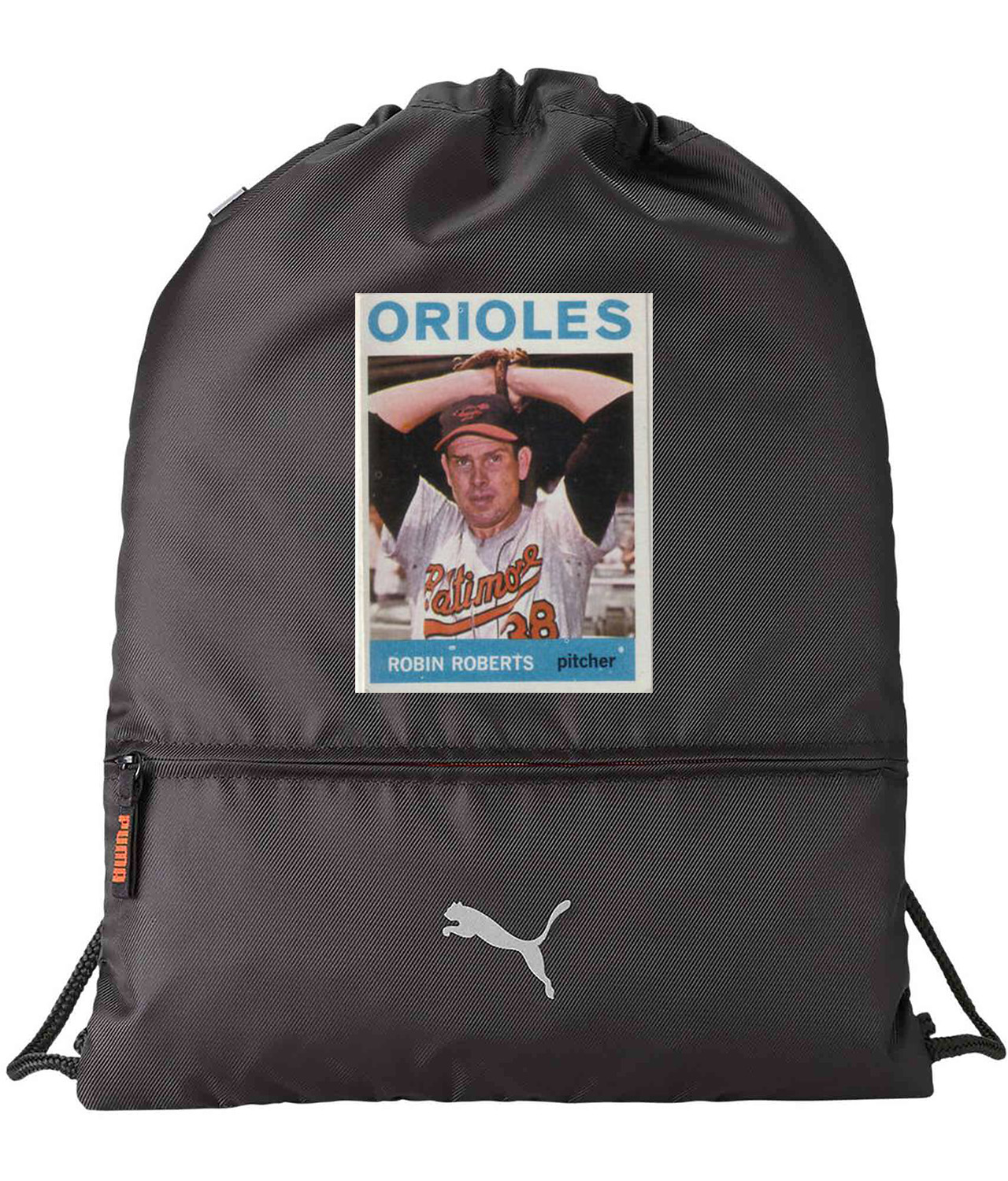 1964 Baltimore Orioles Robin Roberts Photo Baseball Logo Symbol Emblem Customized Design on Lightweight Drawstring Backpack Bag