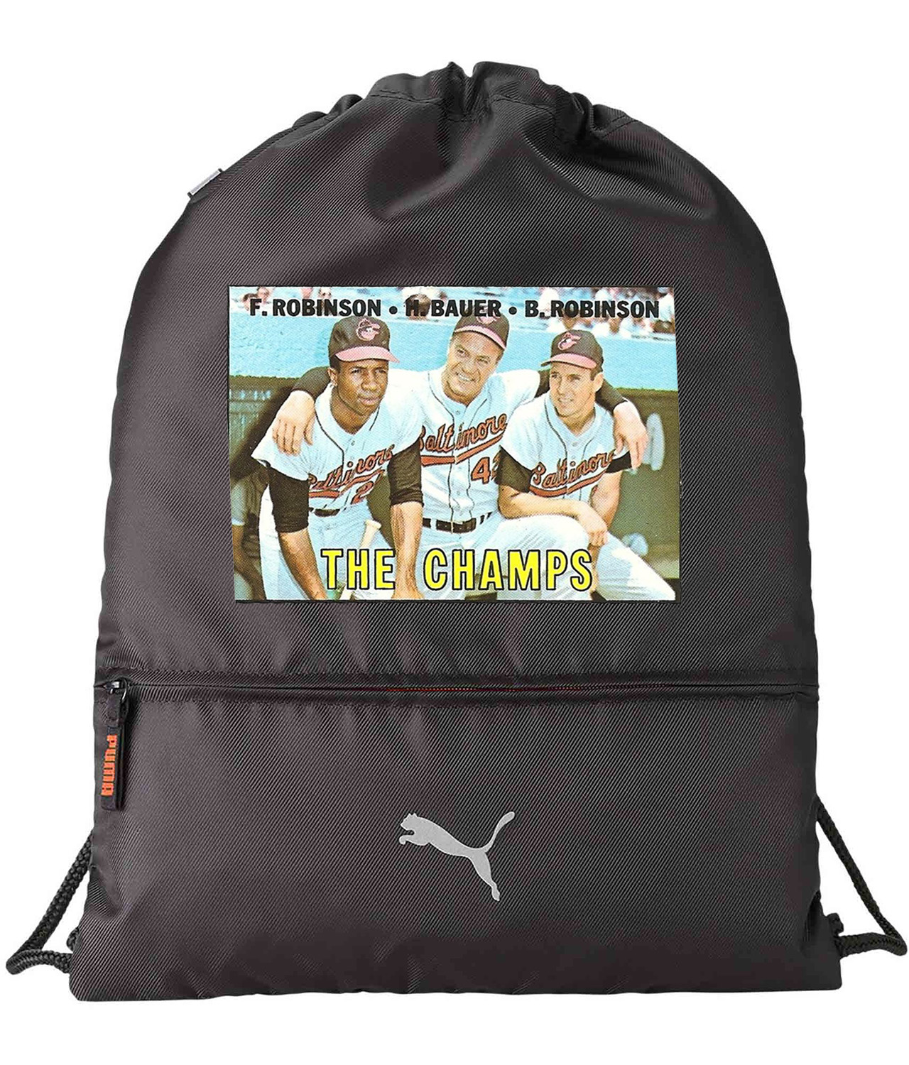 1967 the Champs F. Robinson, H. Bauer, B. Robinson Baltimore Orioles Photo Baseball Logo Customized Design on Lightweight Drawstring Backpack Bag