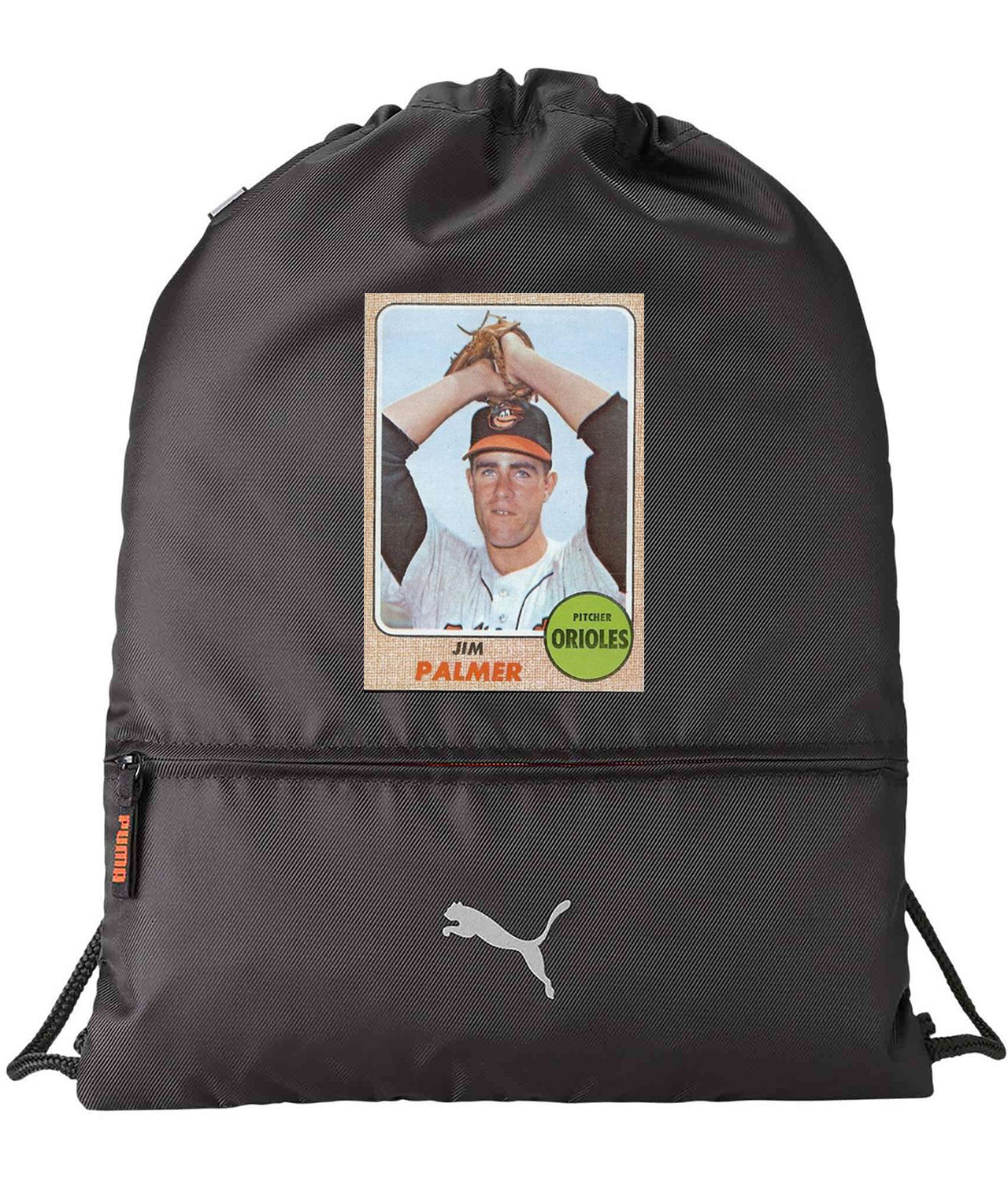 1968 Baltimore Orioles Jim Palmer Photo Baseball Logo Symbol Emblem Customized Design on Lightweight Drawstring Backpack Bag