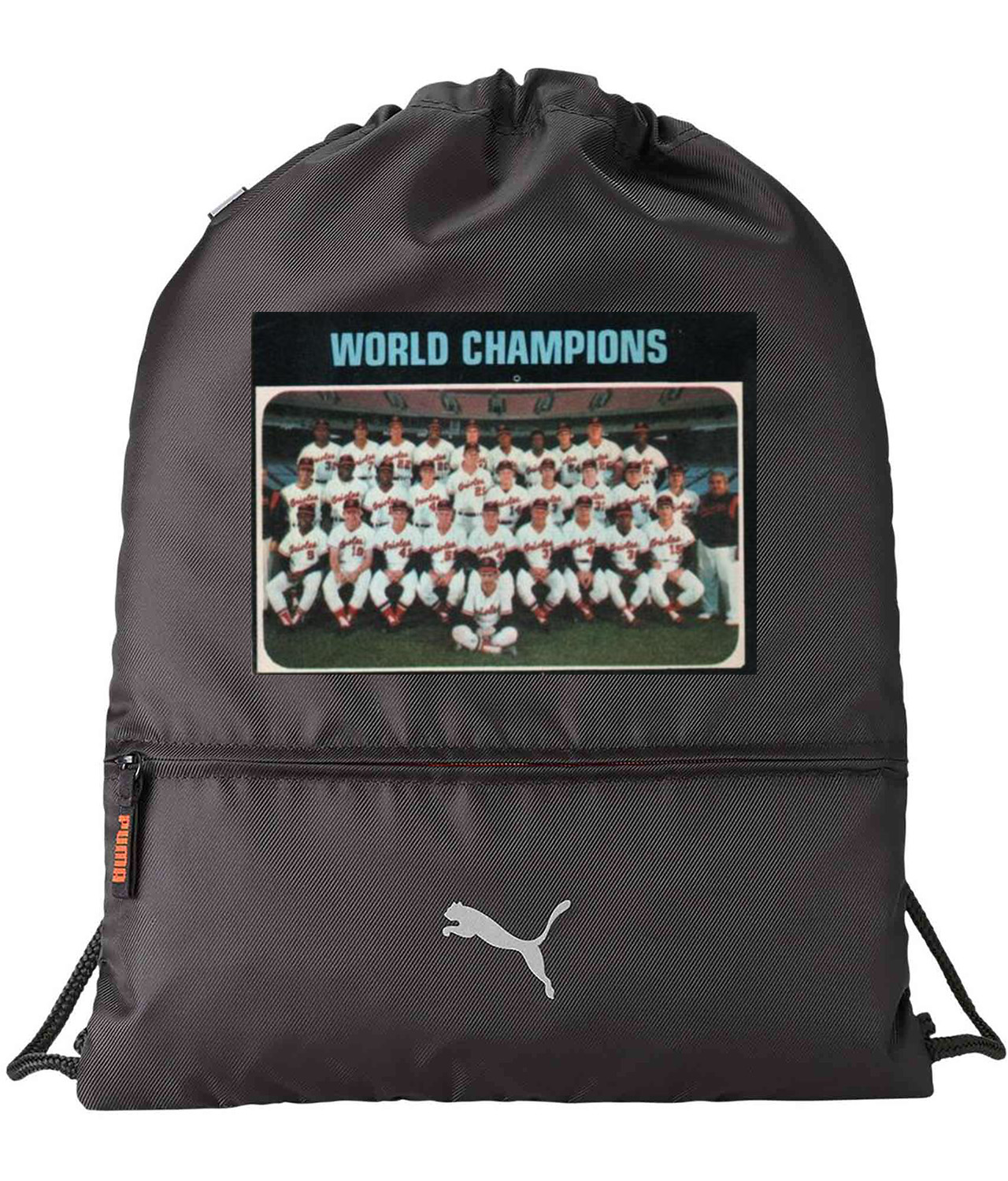 1970 World Champions Baltimore Orioles Photo Baseball Logo Symbol Emblem Customized Design on Lightweight Drawstring Backpack Bag