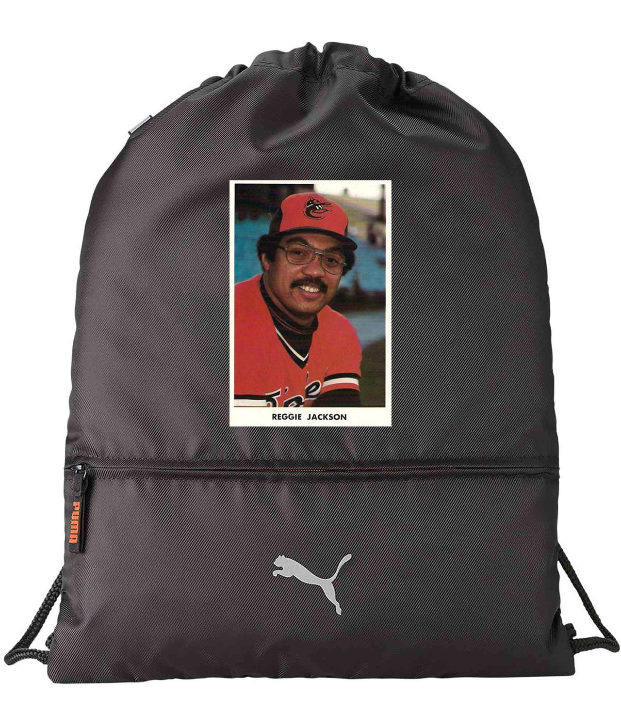 1976 Baltimore Orioles Reggie Jackson Photo Baseball Logo Symbol Emblem Customized Design on Lightweight Drawstring Backpack Bag