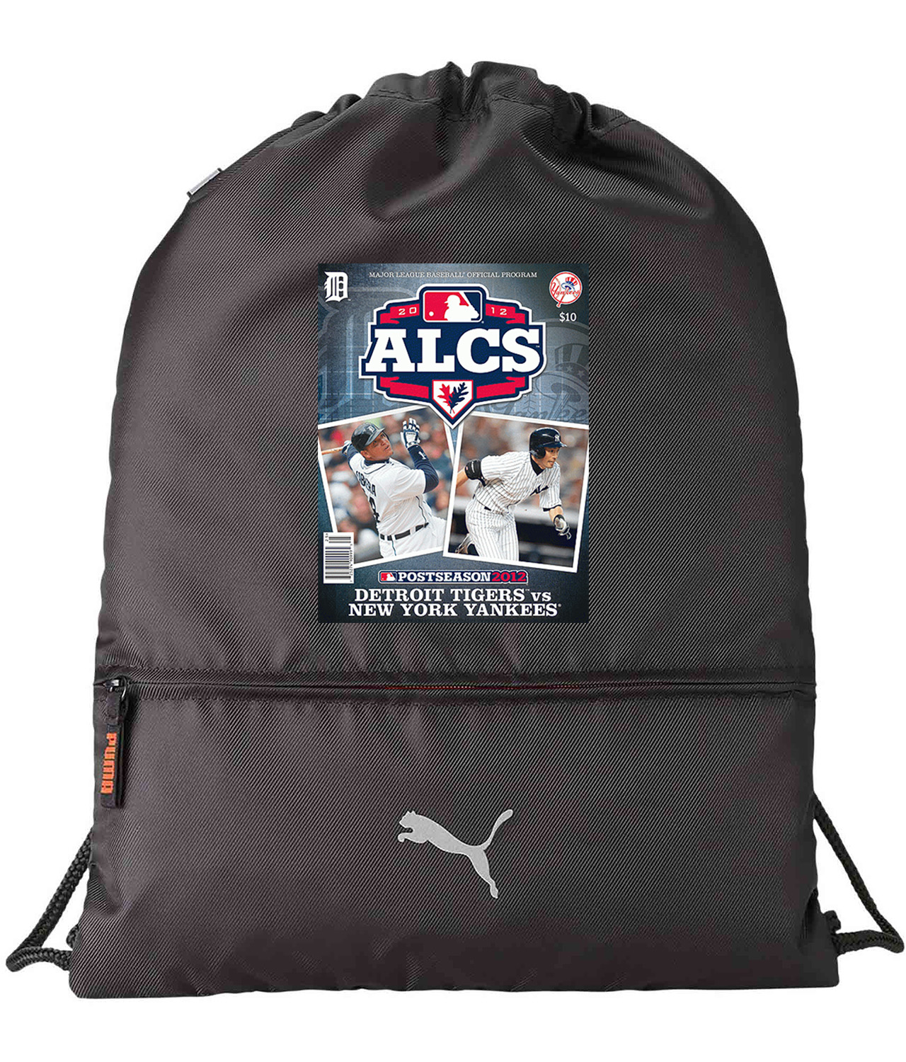 2012 ALCS Program - New York Yankees vs Detroit Tigers Baseball Logo Symbol Emblem Customized Design on Lightweight Drawstring Backpack Bag