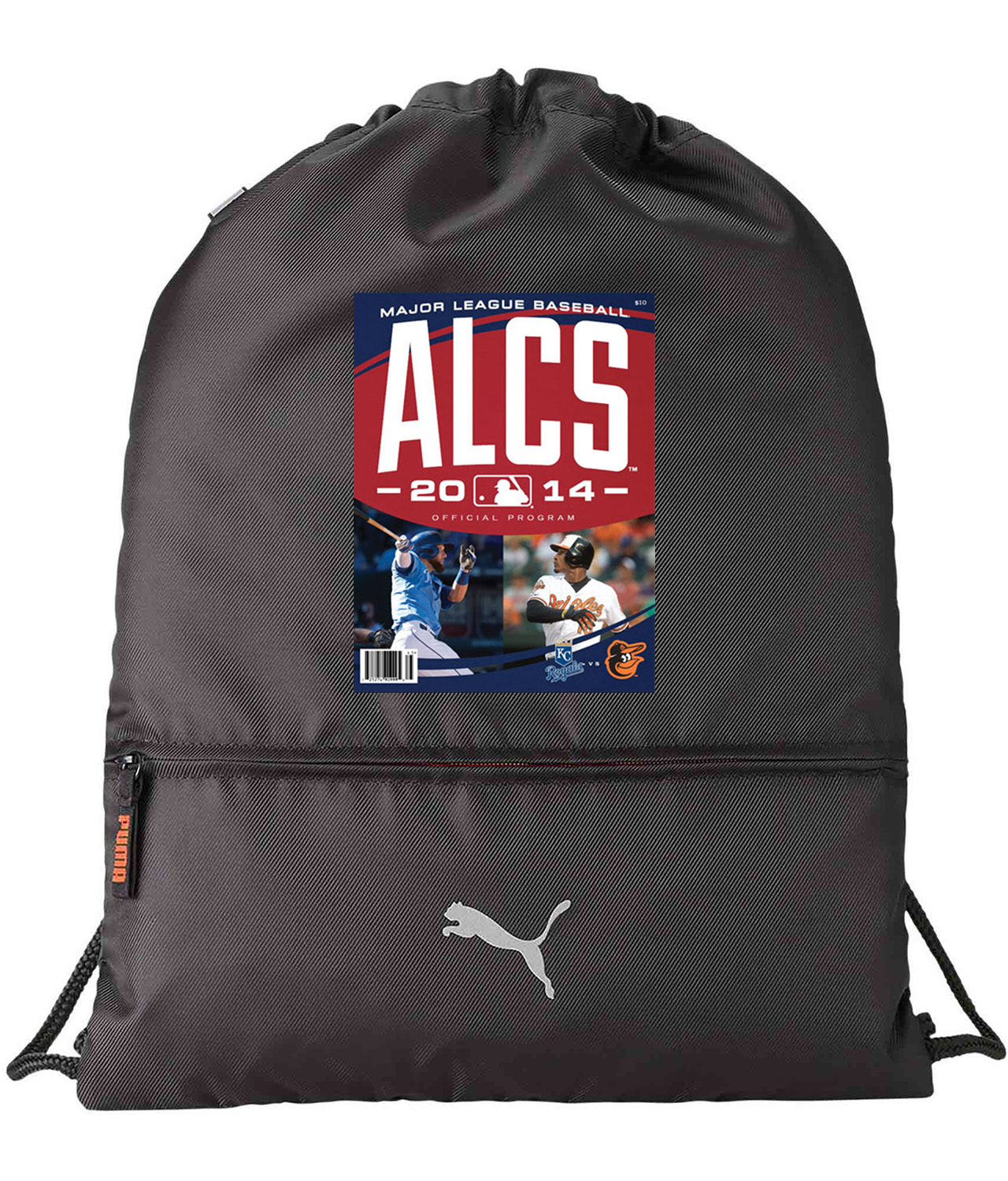 2014 ALCS Program Cover - Kansas City Royals Vs Baltimore Orioles Baseball Logo Emblem Customized Design on Lightweight Drawstring Backpack Bag